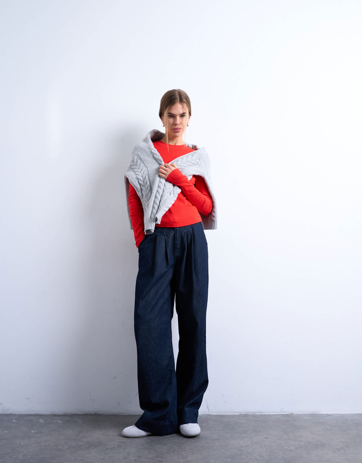 Topshop rib long sleeve curved hem top in red
