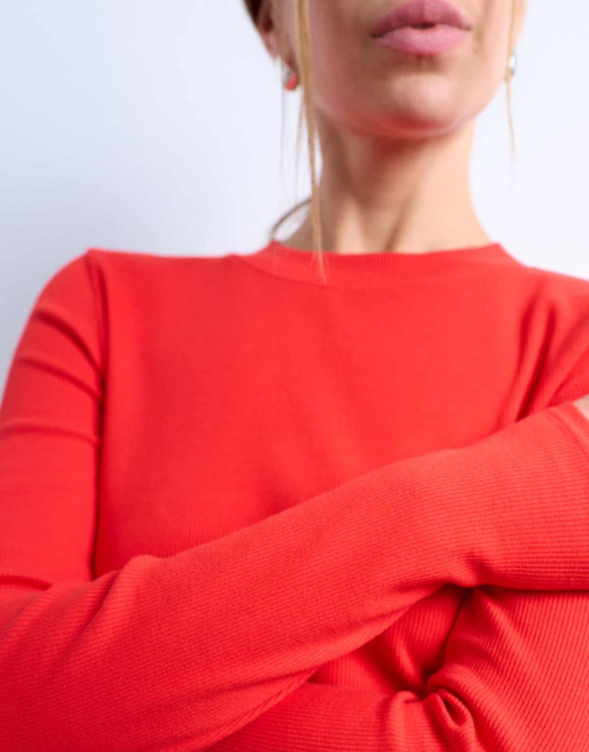 Topshop rib long sleeve curved hem top in red