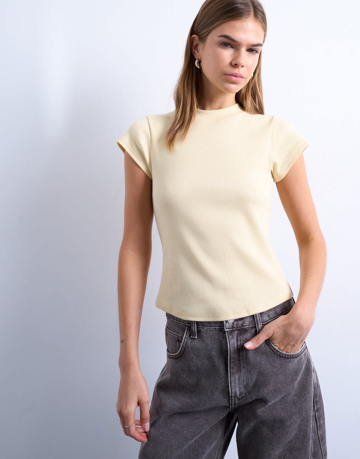 Topshop rib fitted curve hem tee in buttermilk