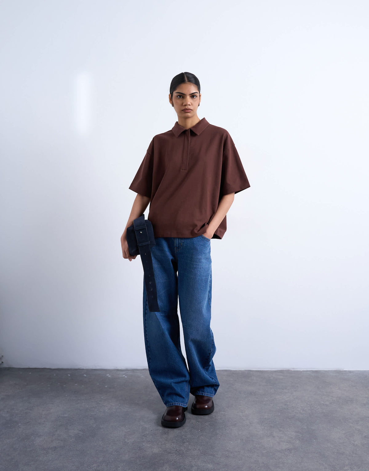 Topshop interlock short sleeve polo tee in chocolate brown