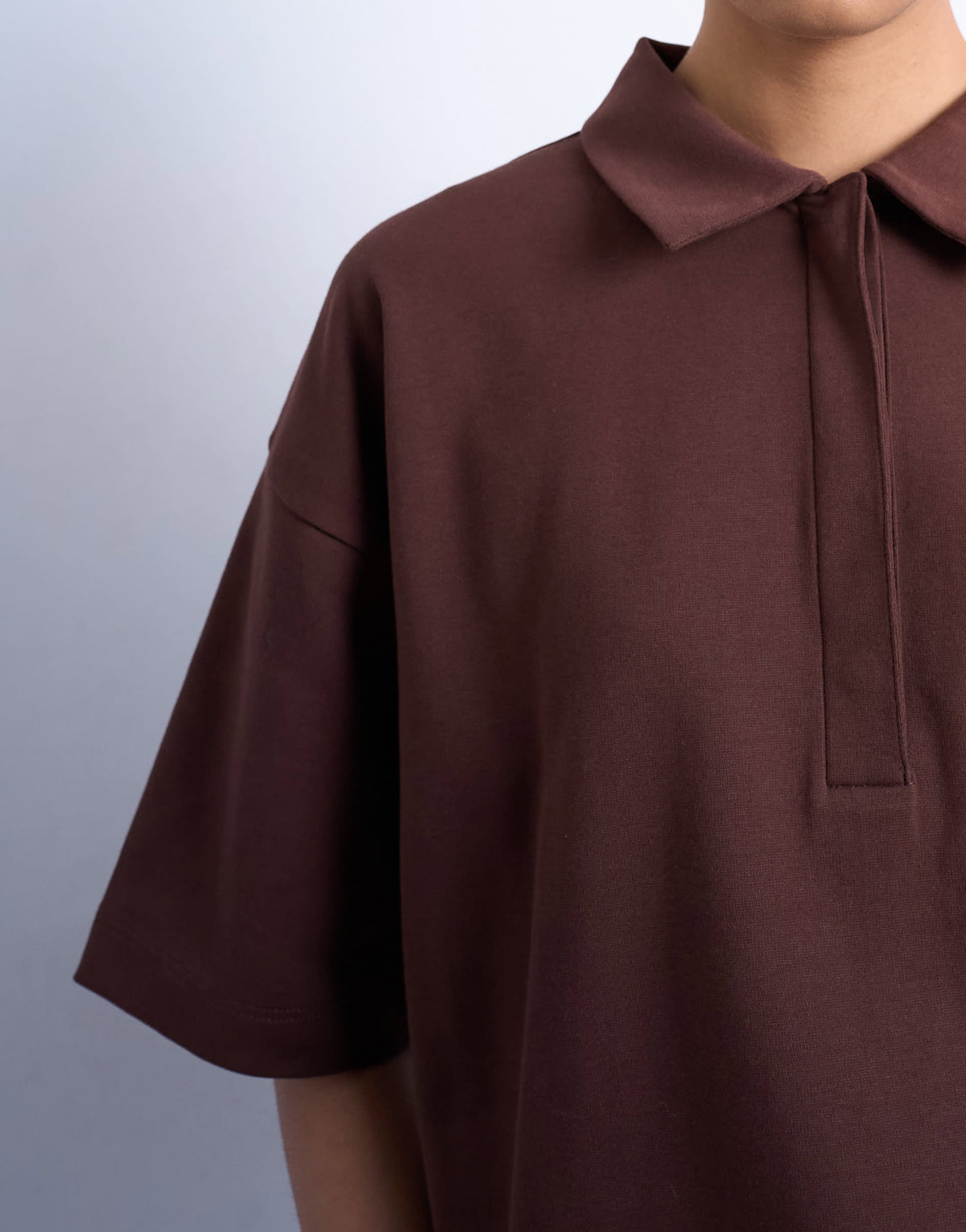 Topshop interlock short sleeve polo tee in chocolate brown