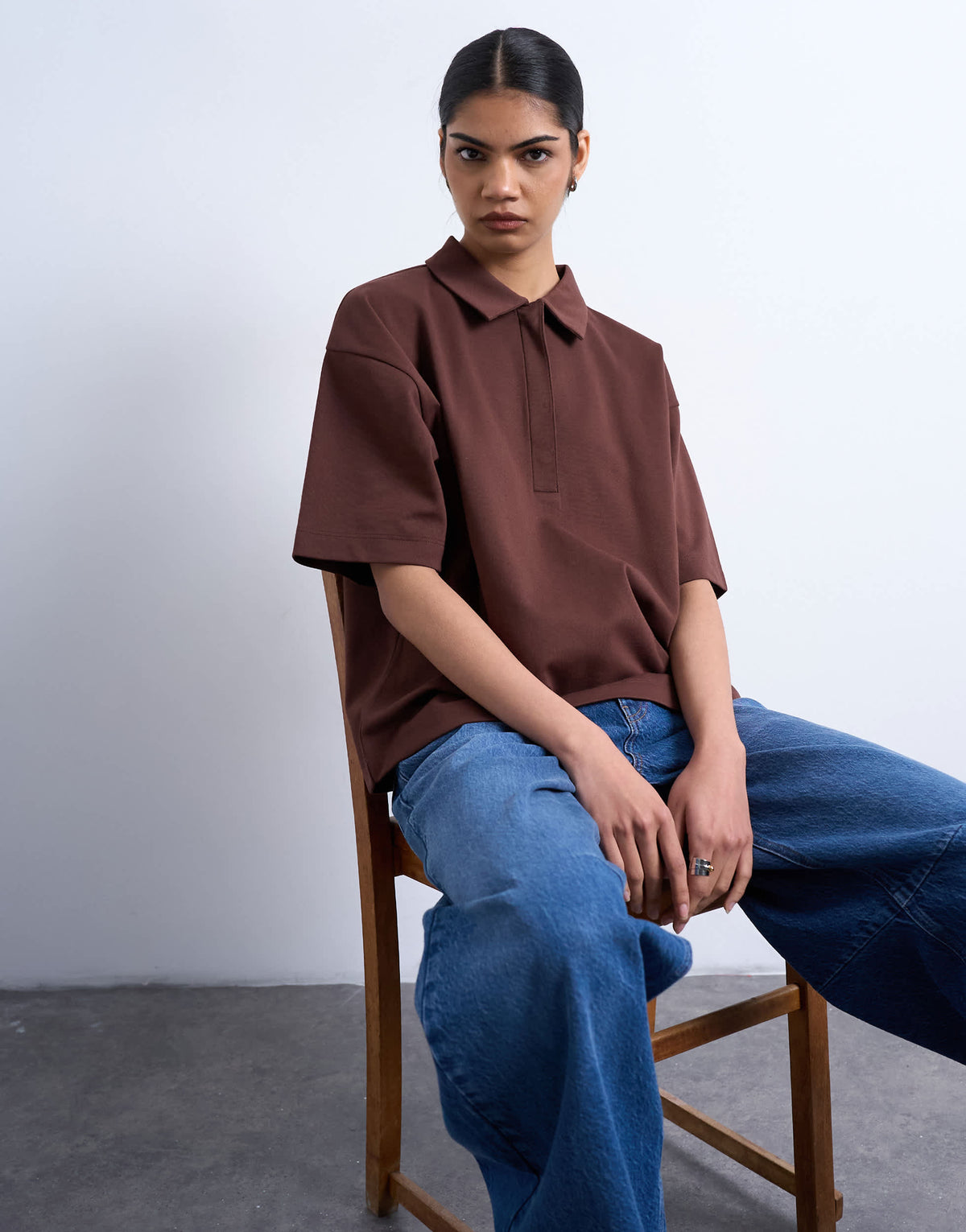 Topshop interlock short sleeve polo tee in chocolate brown