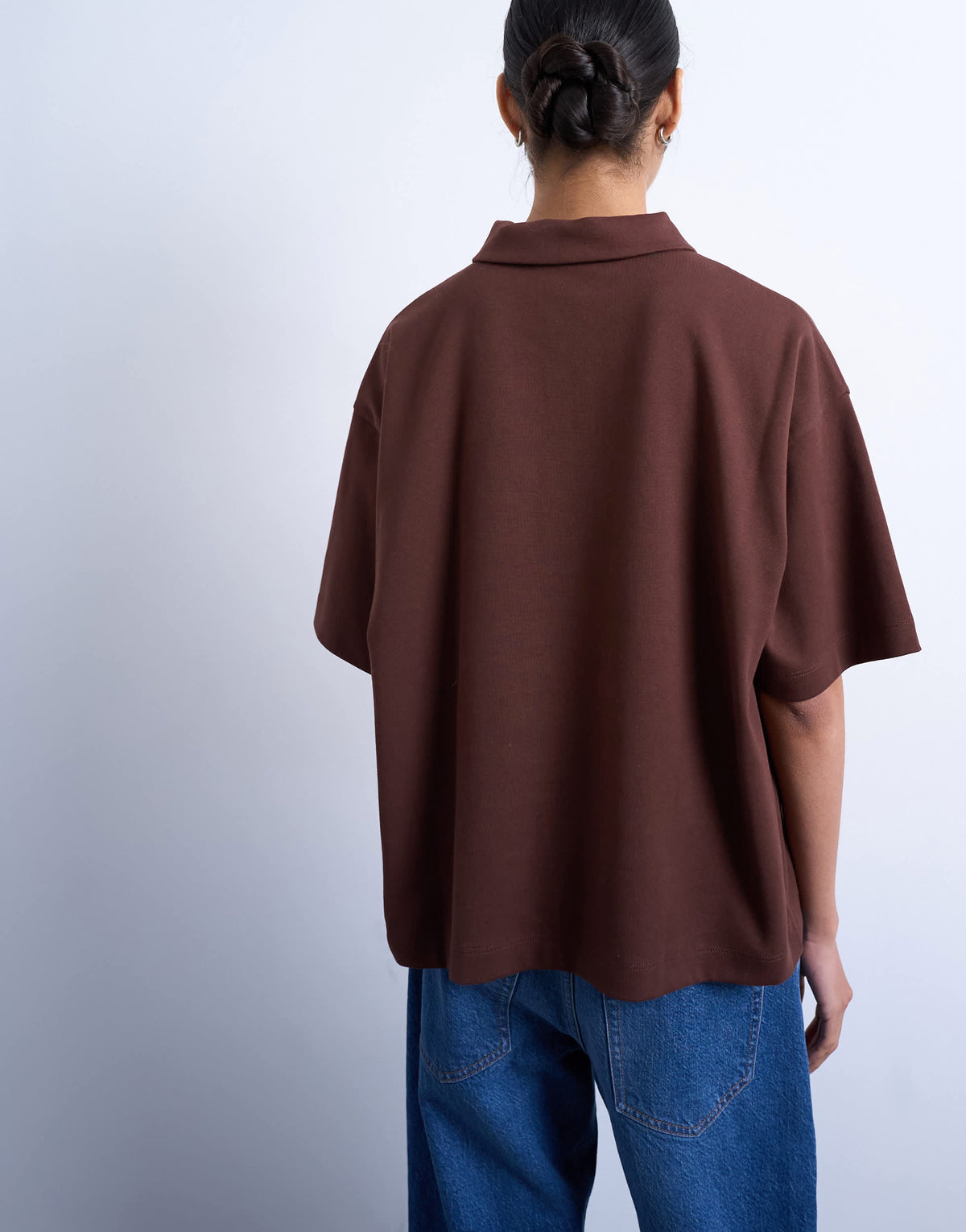 Topshop interlock short sleeve polo tee in chocolate brown