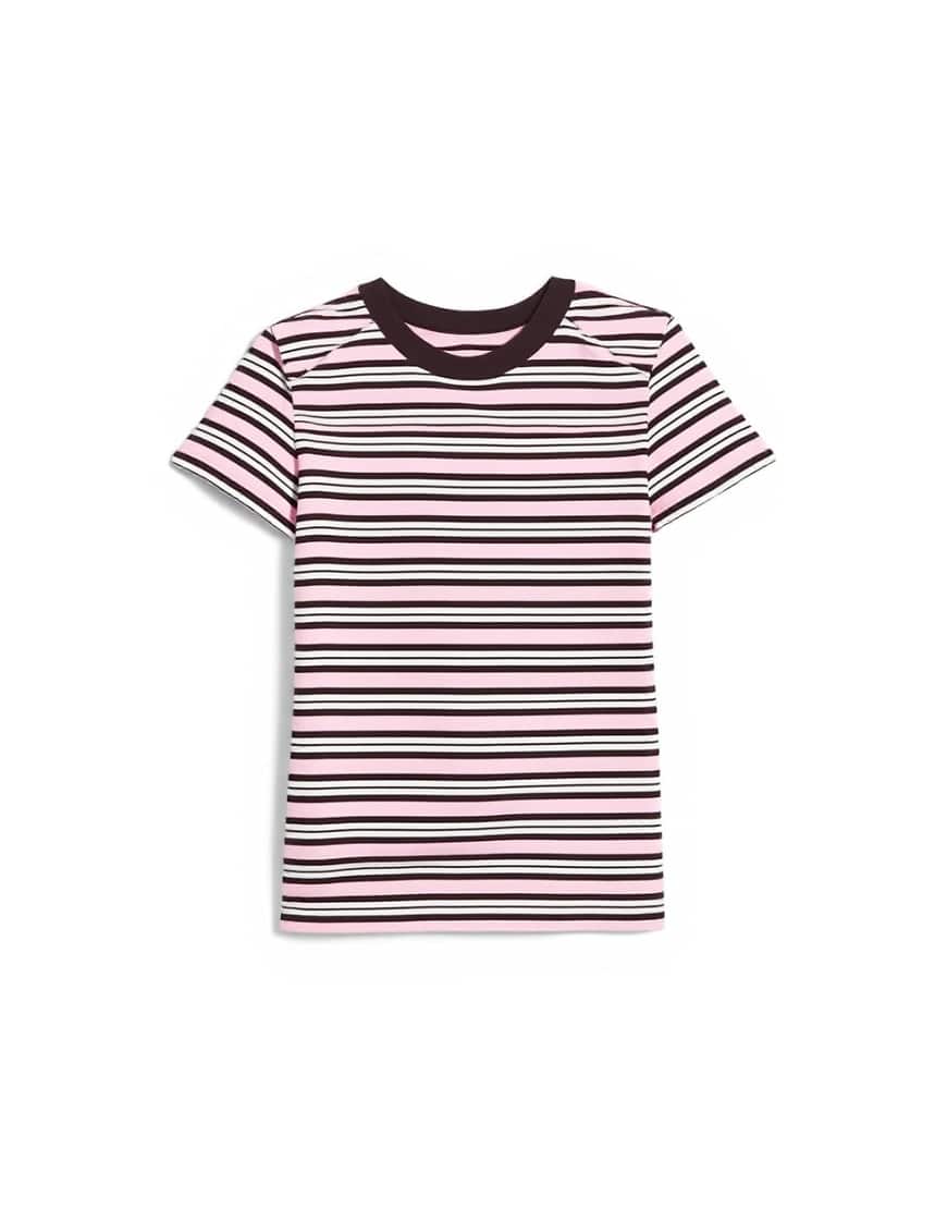Topshop stripe rib short sleeve tee in pink and brown