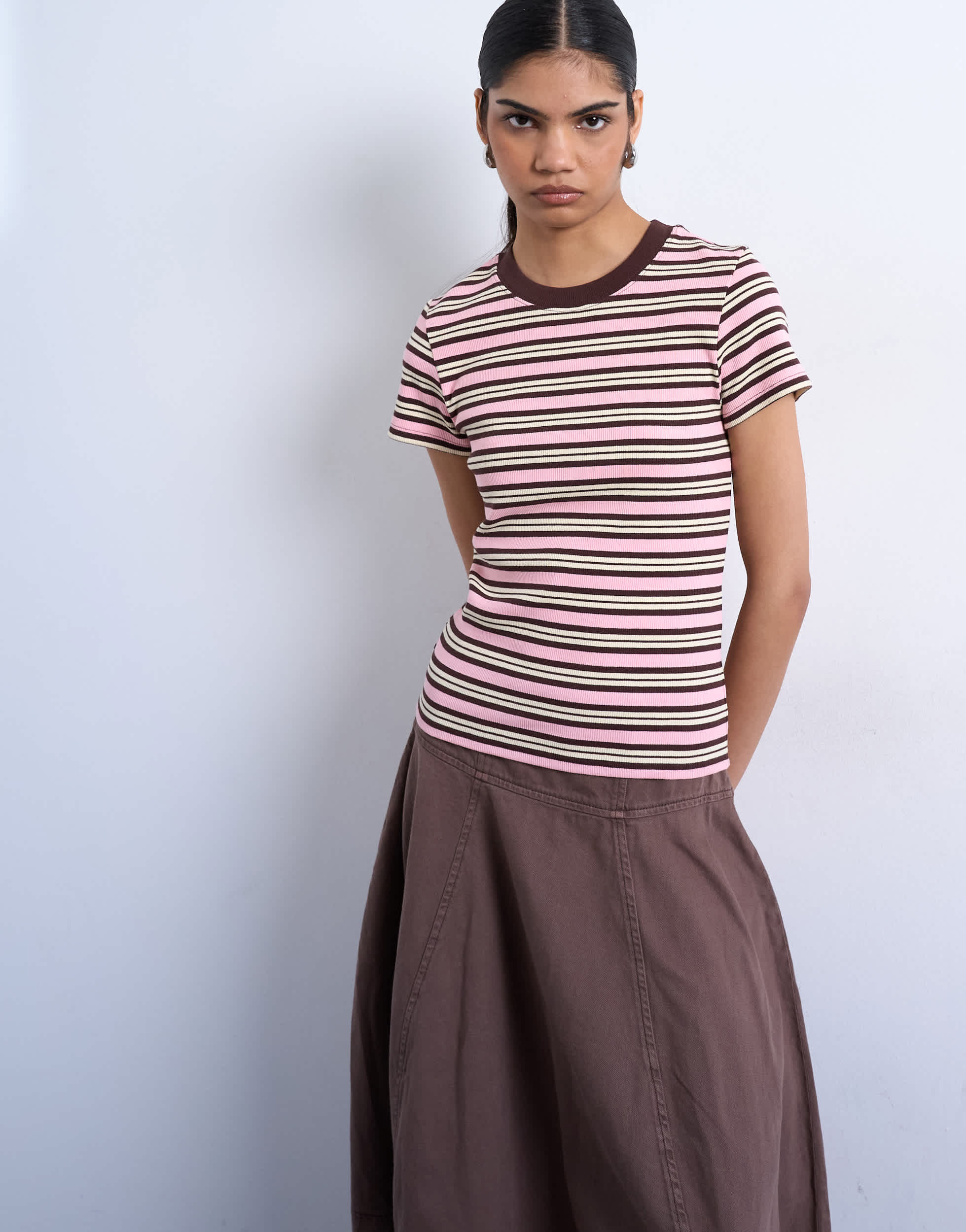 Topshop stripe rib short sleeve tee in pink and brown