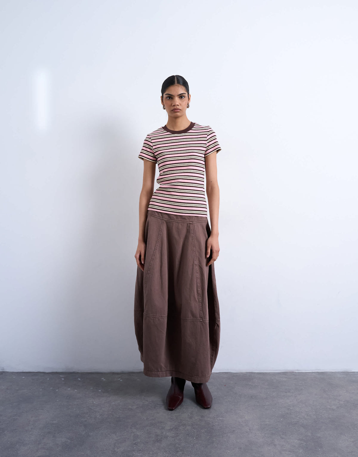 Topshop stripe rib short sleeve tee in pink and brown