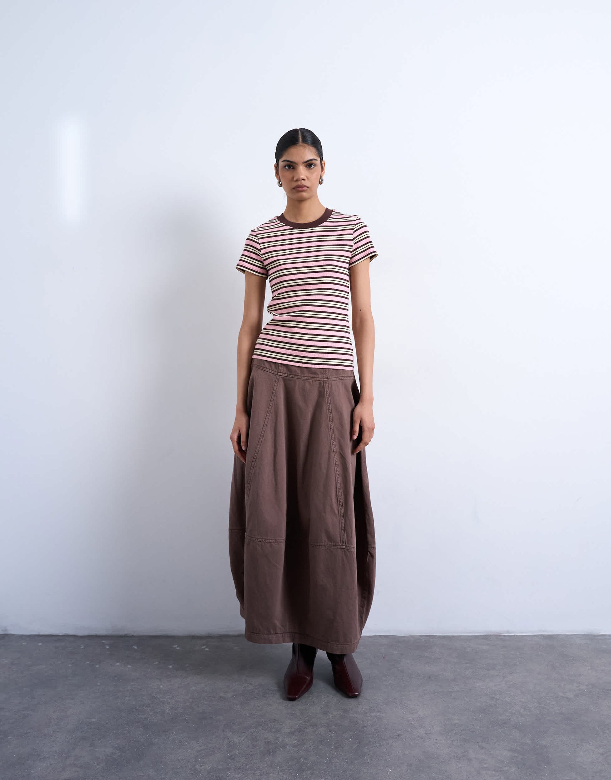 Topshop stripe rib short sleeve tee in pink and brown