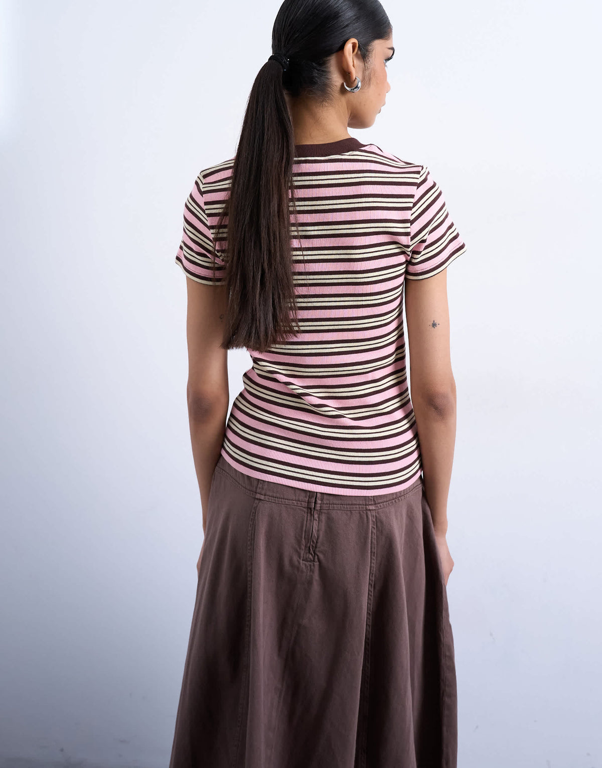 Topshop stripe rib short sleeve tee in pink and brown