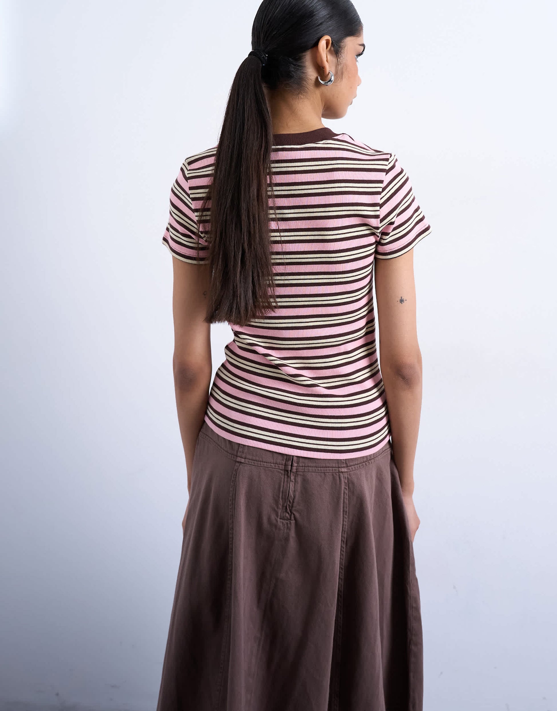Topshop stripe rib short sleeve tee in pink and brown