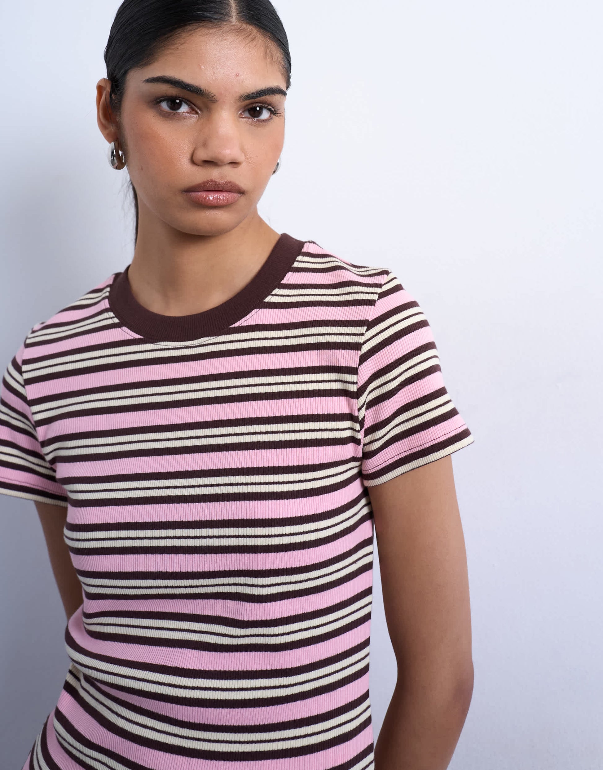 Topshop stripe rib short sleeve tee in pink and brown