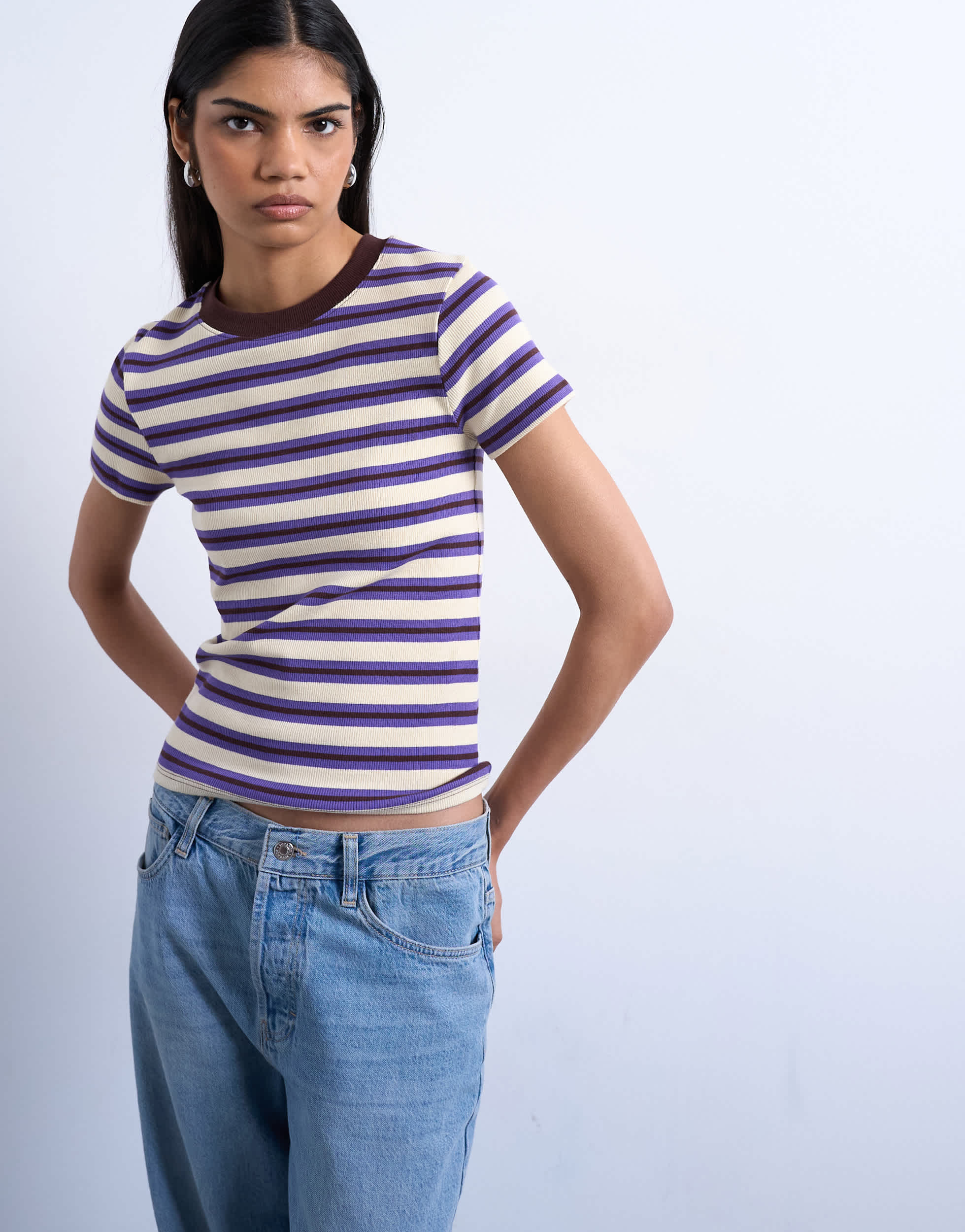 Topshop stripe rib short sleeve tee in purple