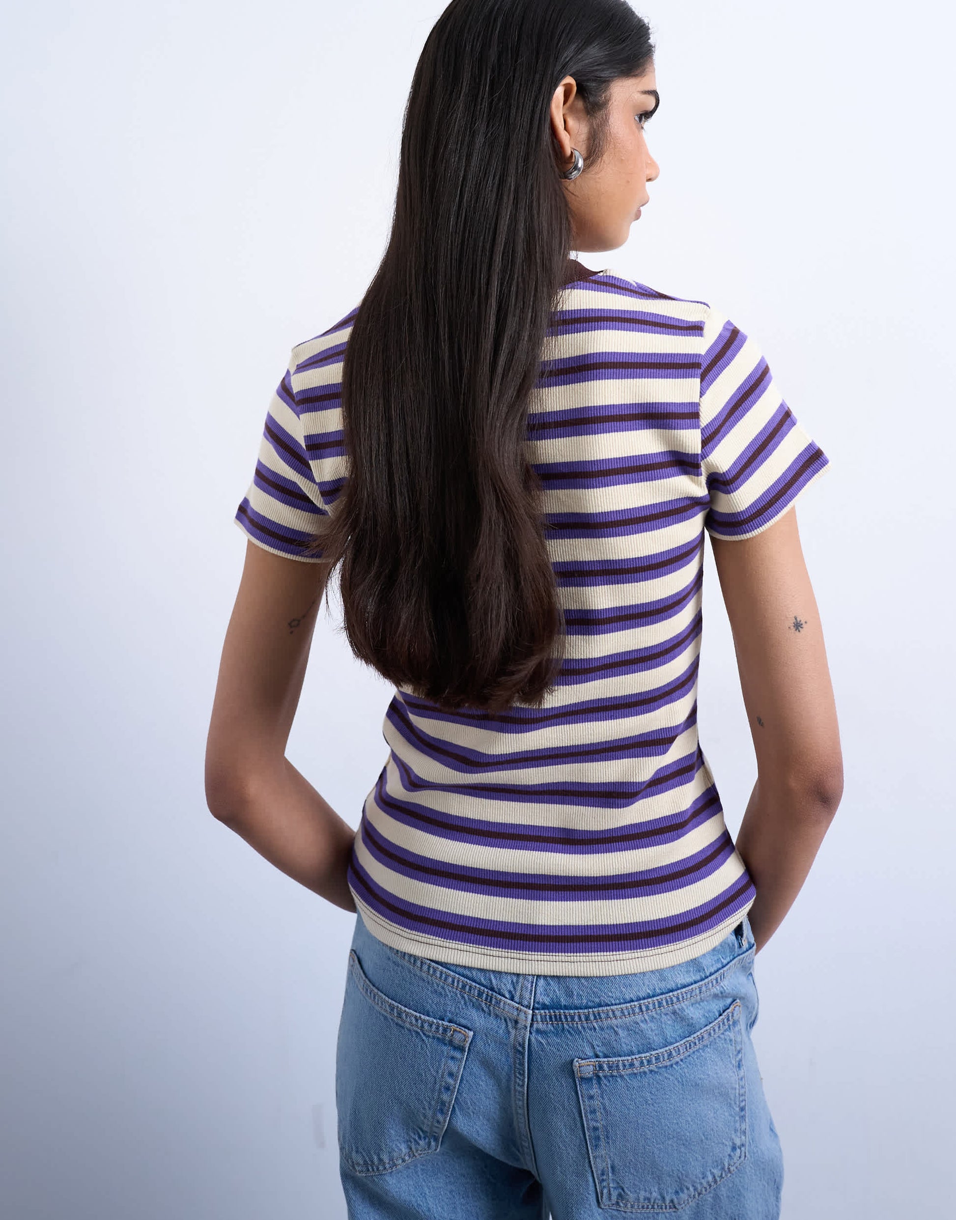 Topshop stripe rib short sleeve tee in purple