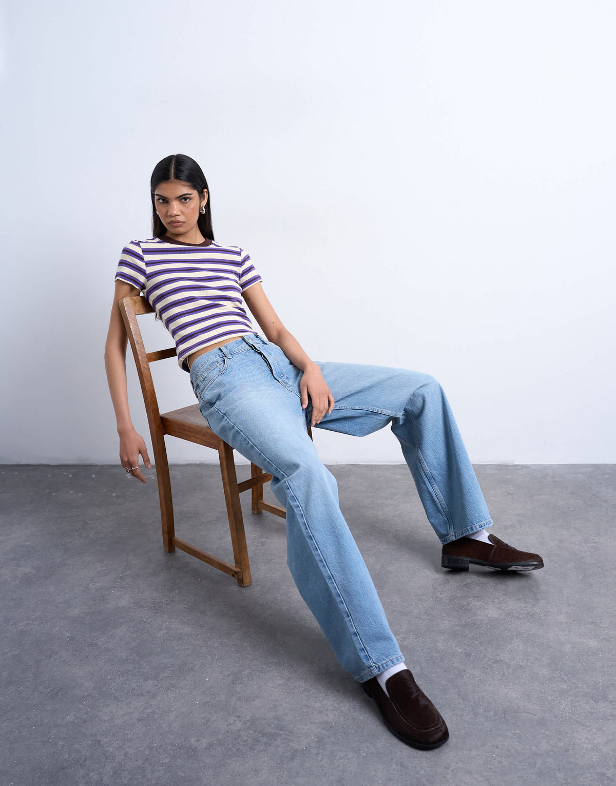 Topshop stripe rib short sleeve tee in purple