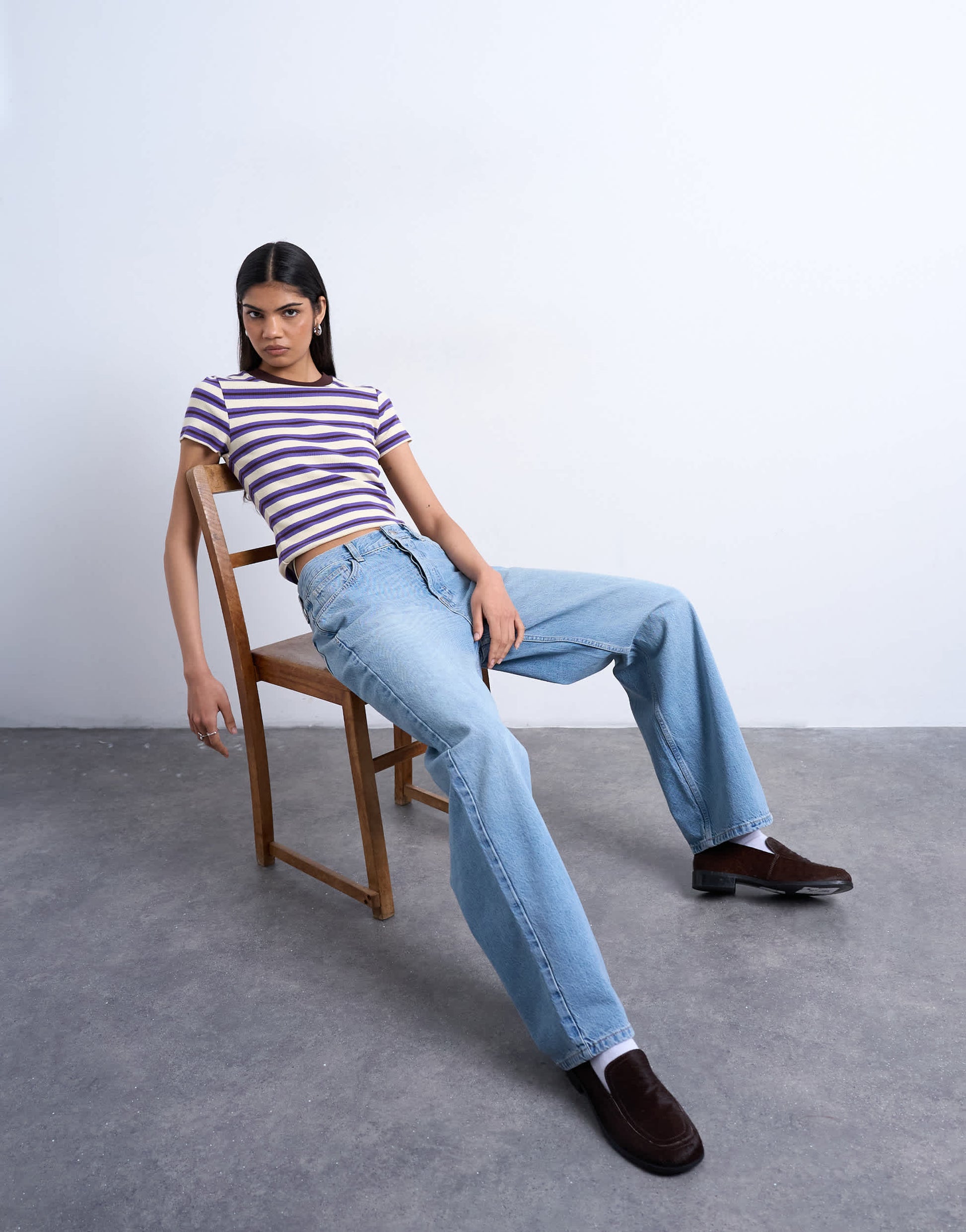 Topshop stripe rib short sleeve tee in purple