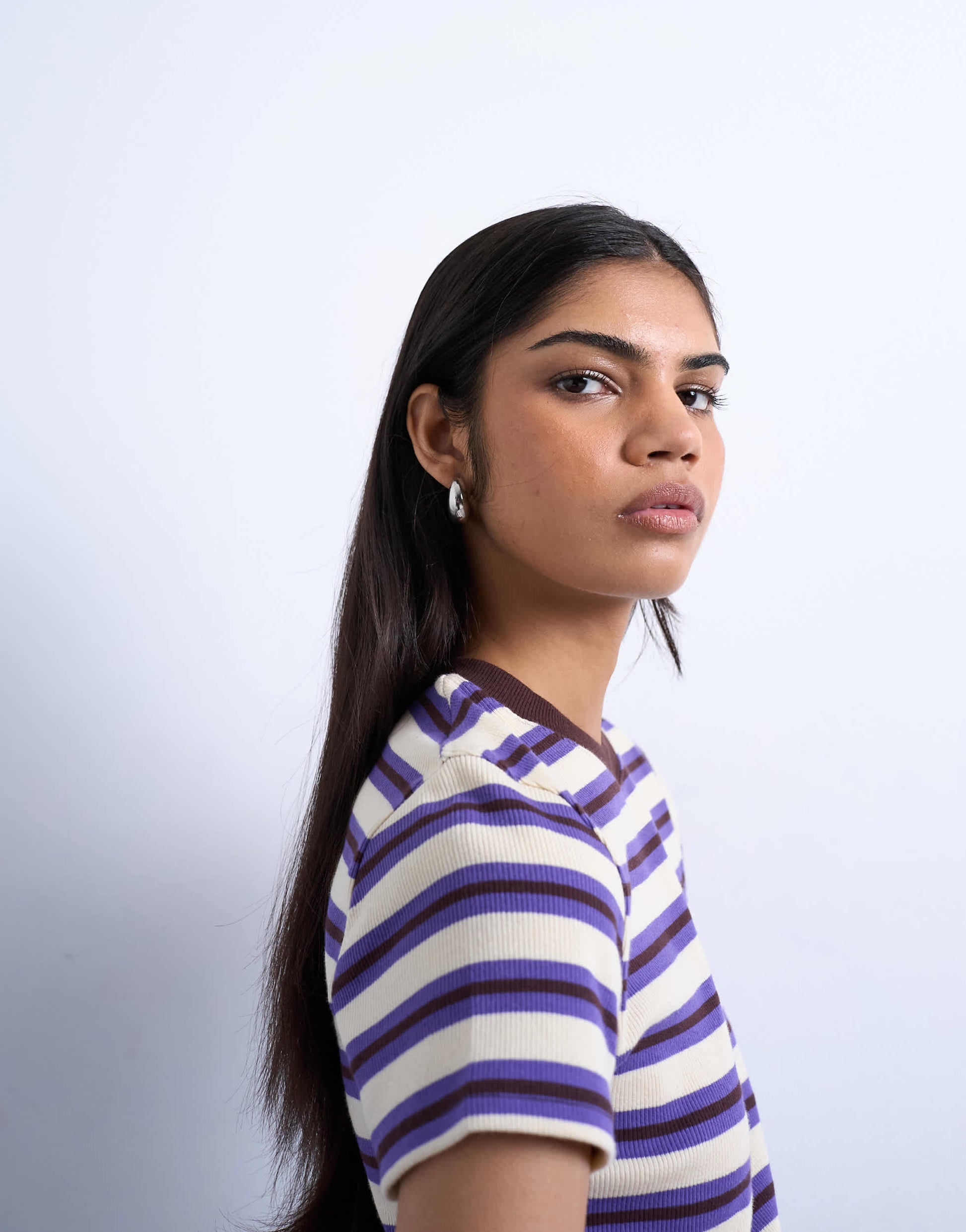 Topshop stripe rib short sleeve tee in purple
