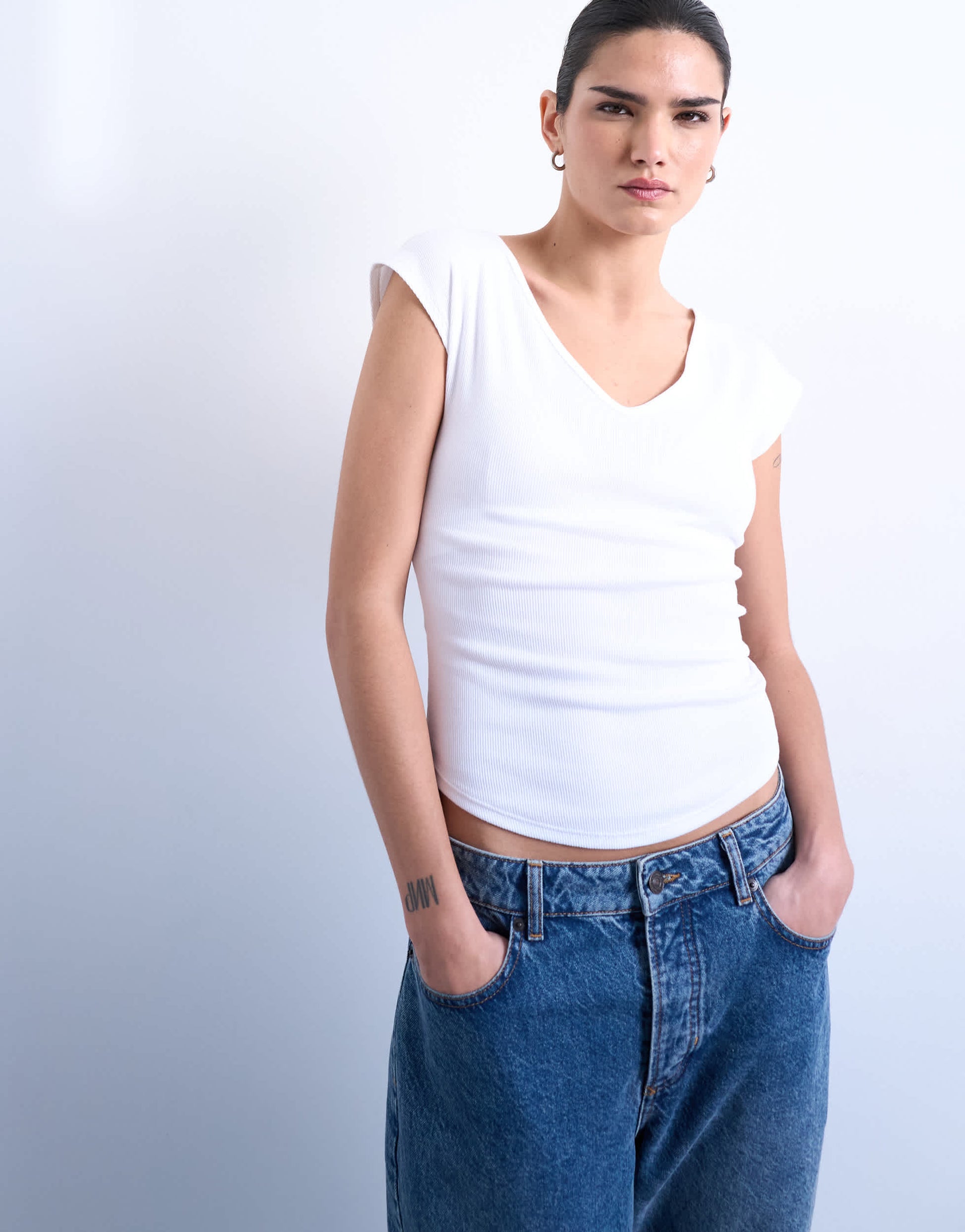 Topshop rib v-neck cap sleeve tank in white