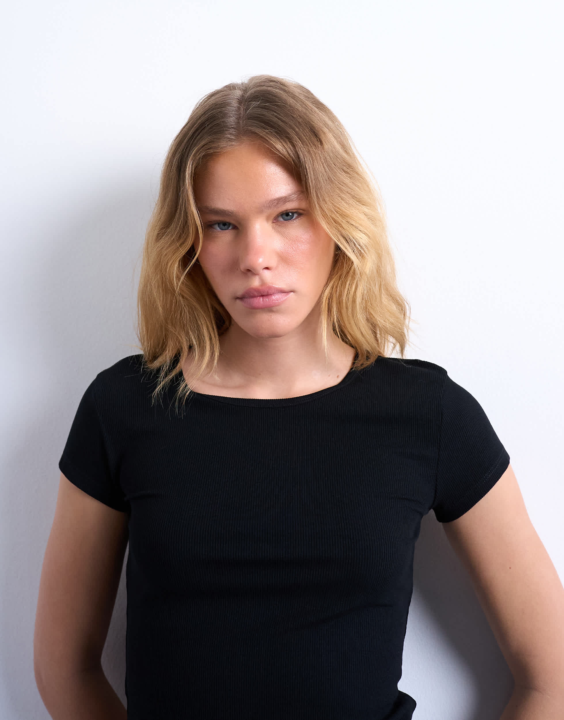 T-shirt à manches courtes à côtes haut de gamme Topshop, noir