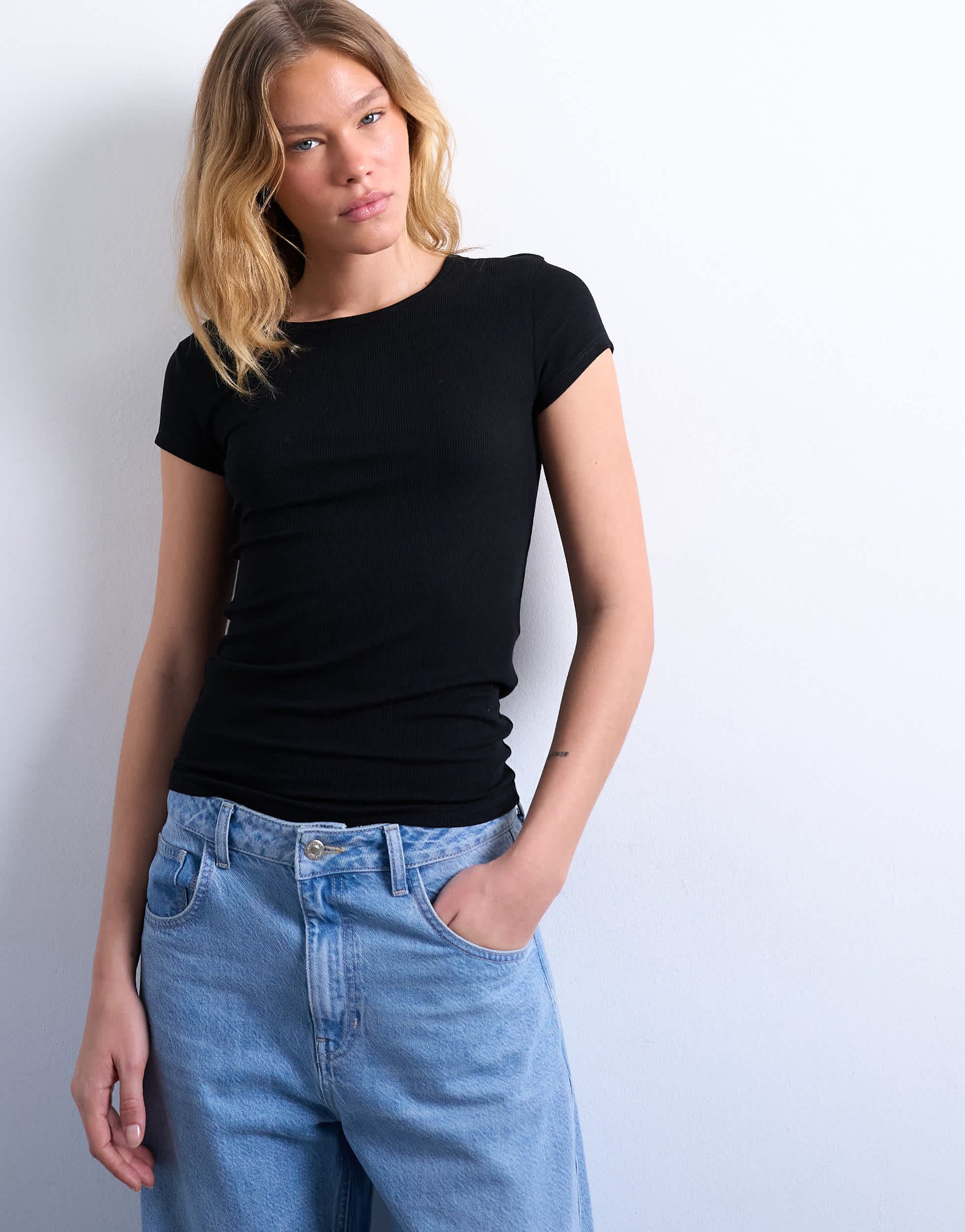Topshop premium rib short sleeve tee in black