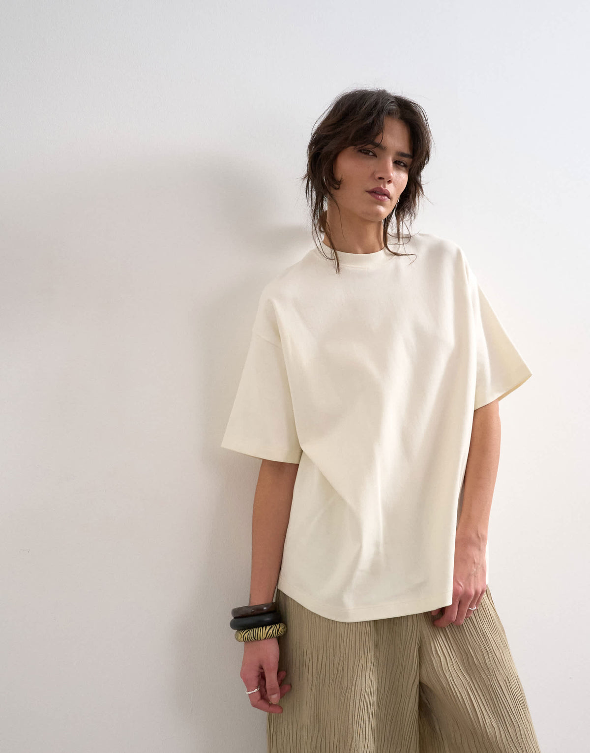 Topshop premium interlock oversized tee in ecru