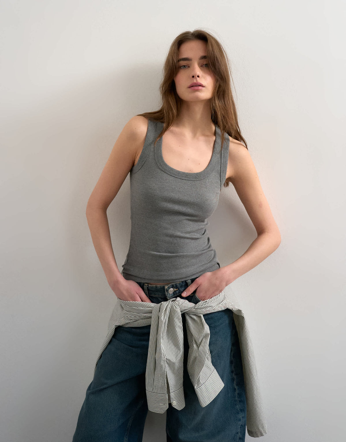 Topshop rib scoop neck vest in grey marl