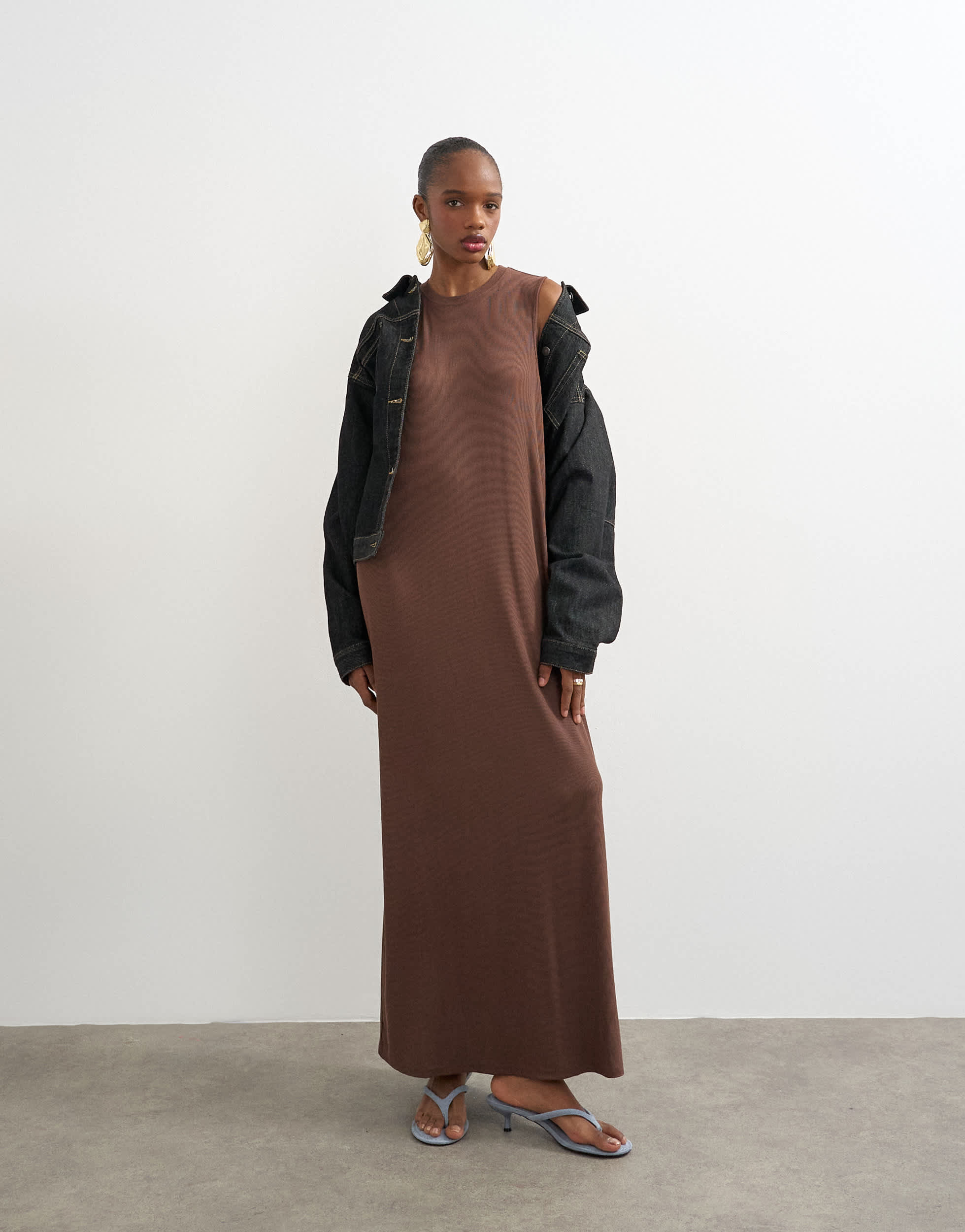 Topshop drop armhole rib maxi dress in chocolate brown