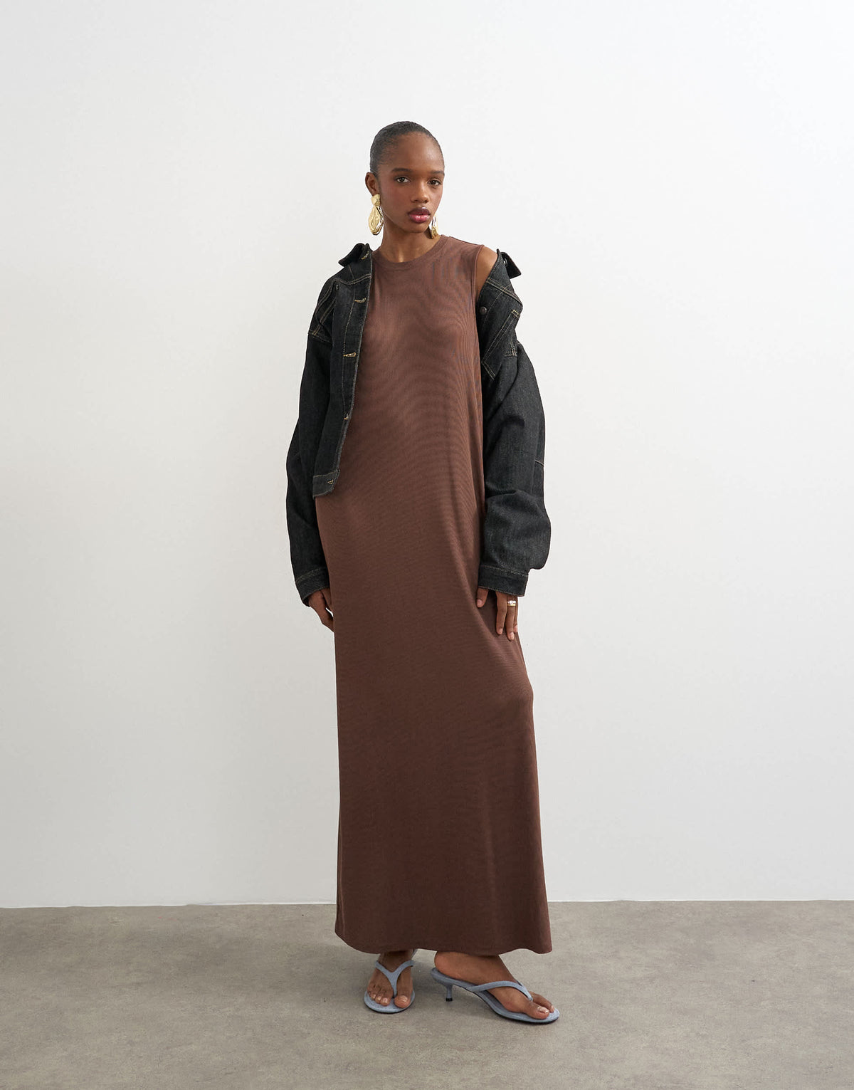 Topshop drop armhole rib maxi dress in chocolate brown