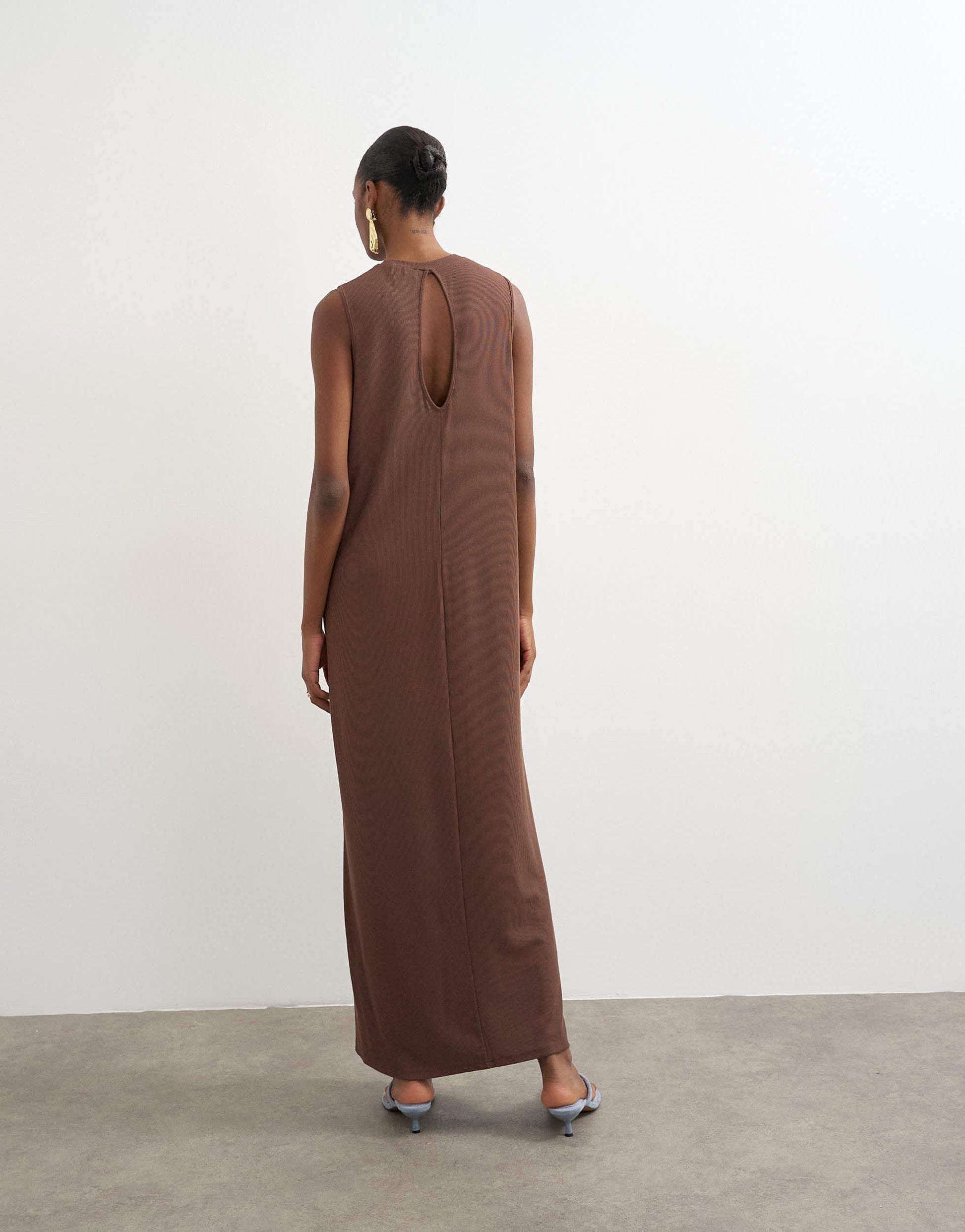 Topshop drop armhole rib maxi dress in chocolate brown