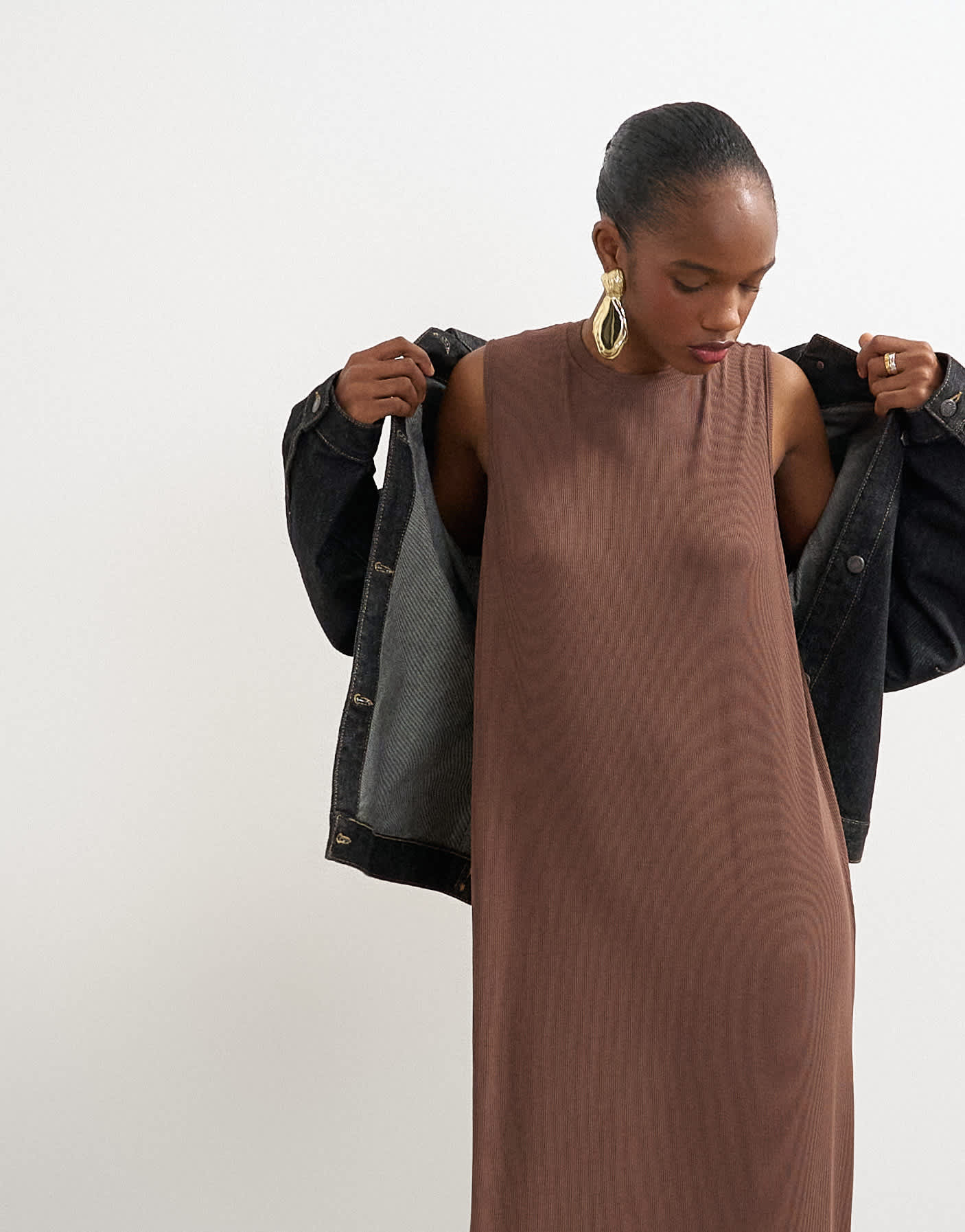 Topshop drop armhole rib maxi dress in chocolate brown