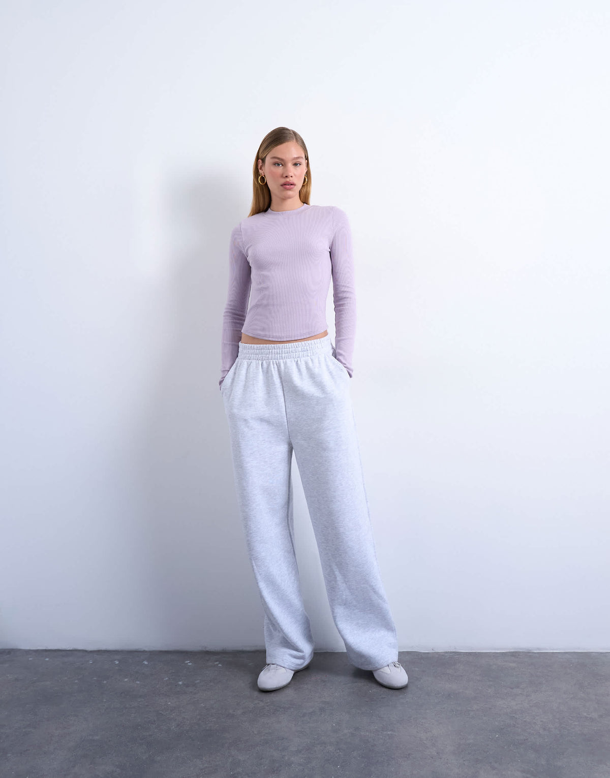 Topshop rib long sleeve curved hem top in lilac
