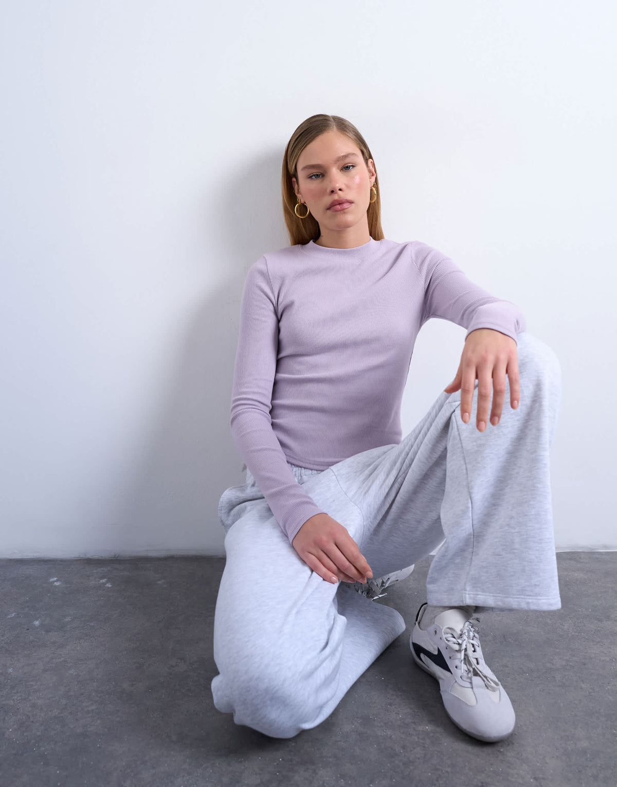 Topshop rib long sleeve curved hem top in lilac