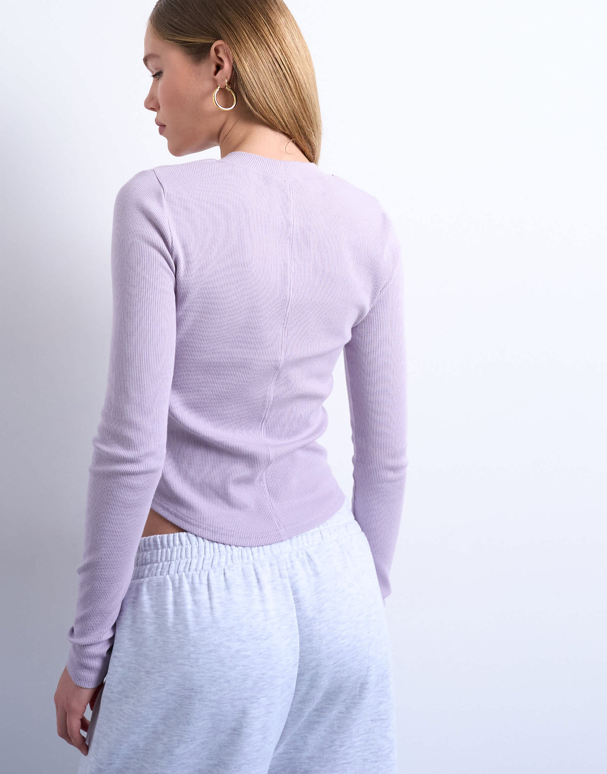 Topshop rib long sleeve curved hem top in lilac