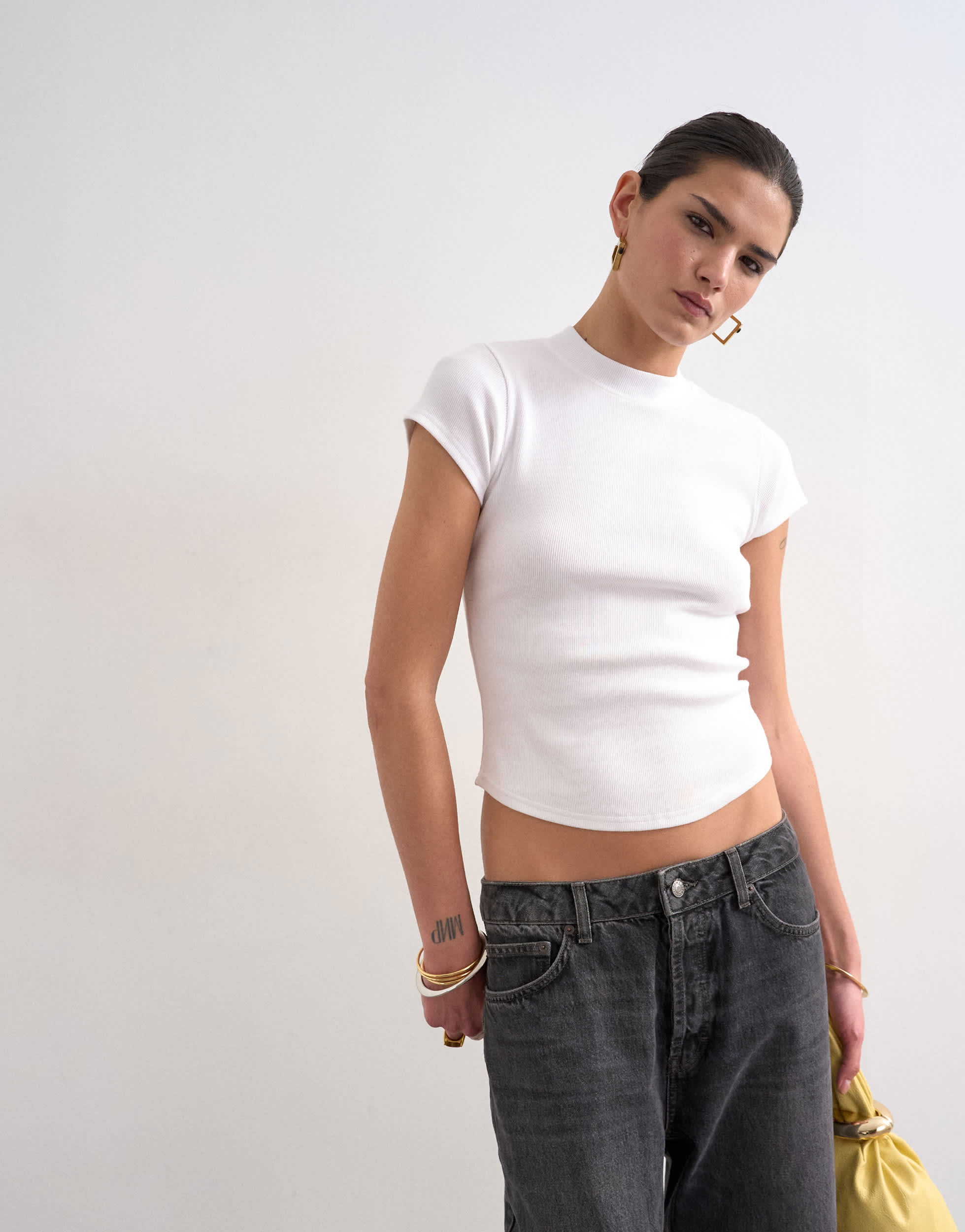 Topshop rib fitted curve hem tee in white