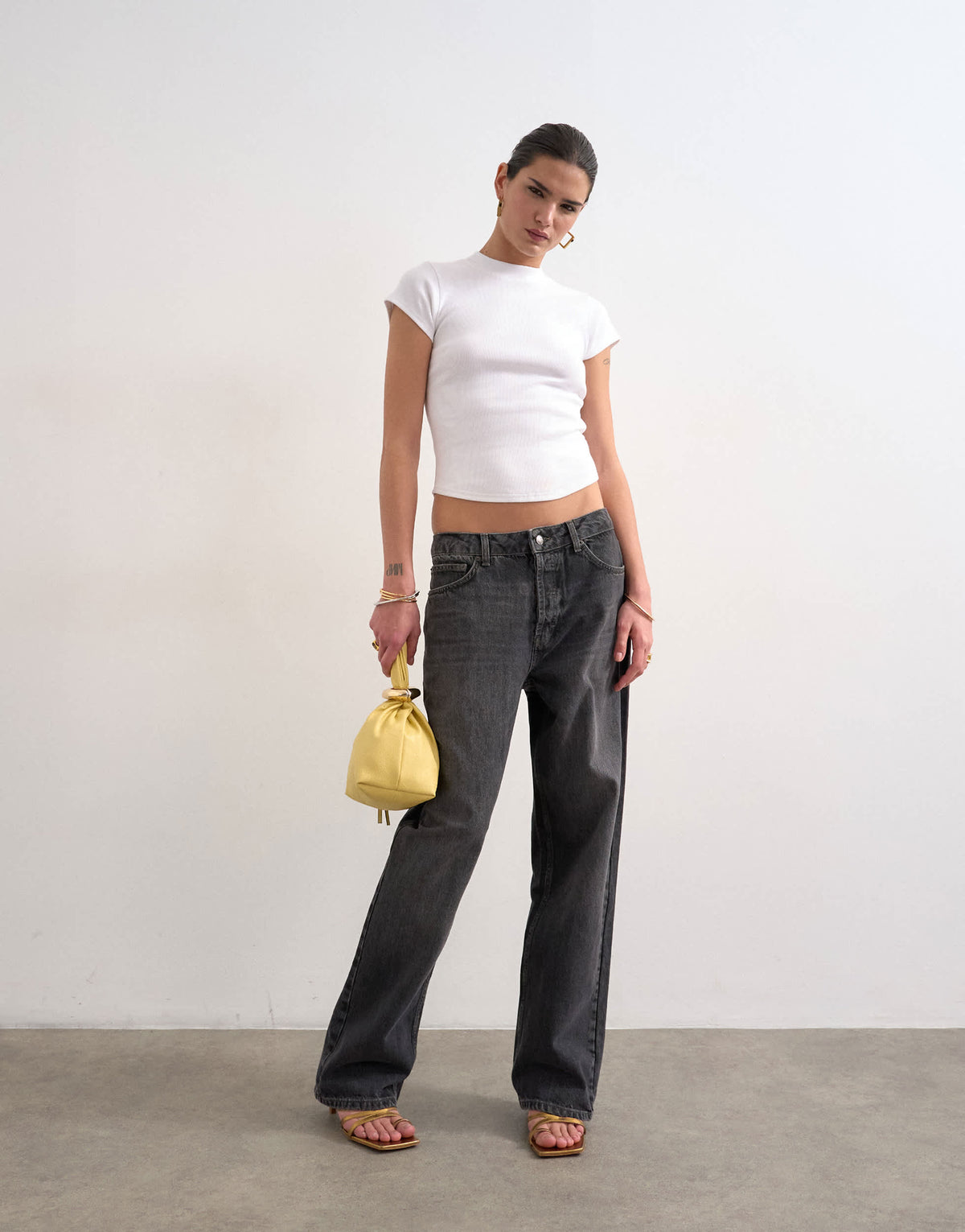 Topshop rib fitted curve hem tee in white