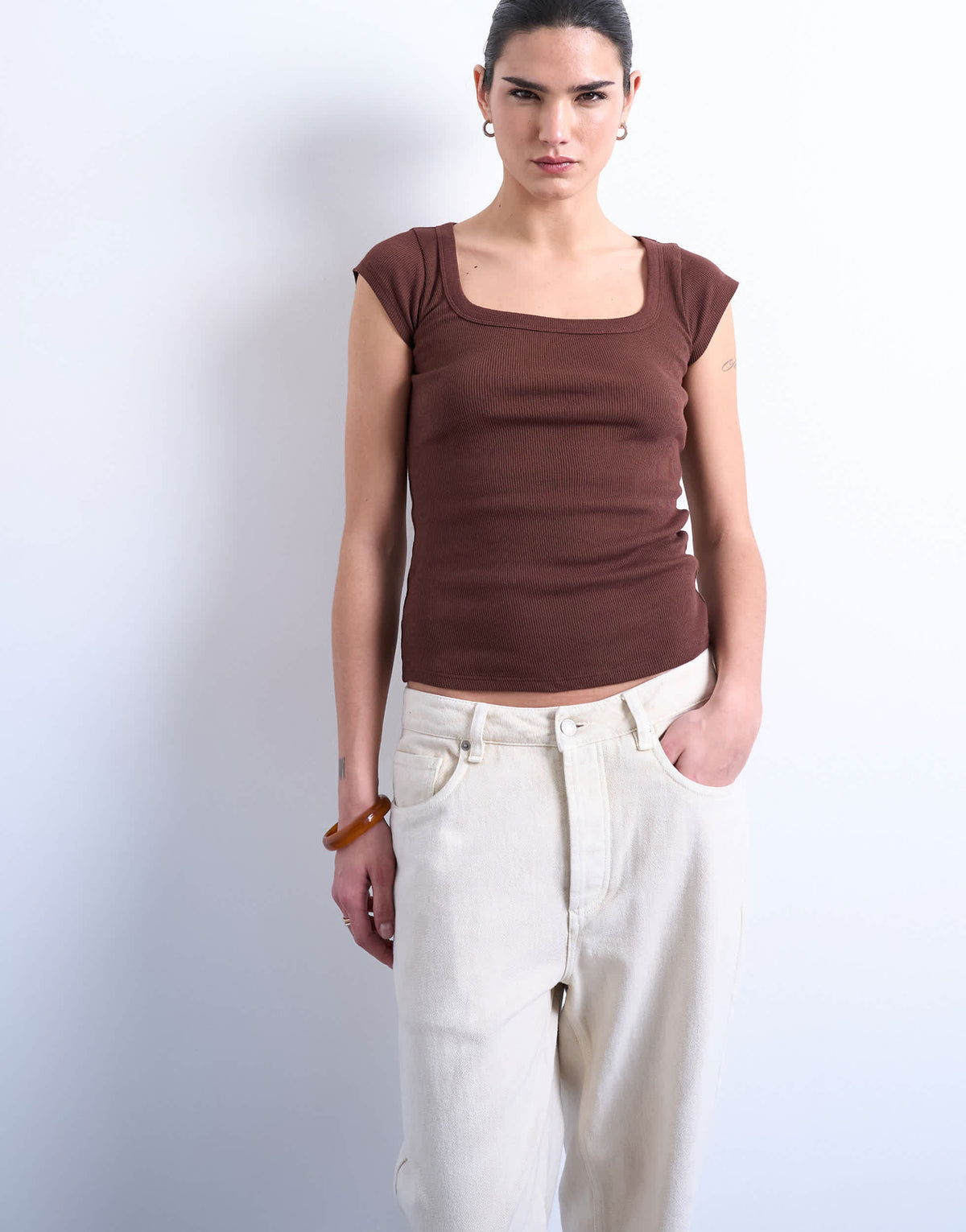 Topshop square neck rib cap sleeve tee in brown