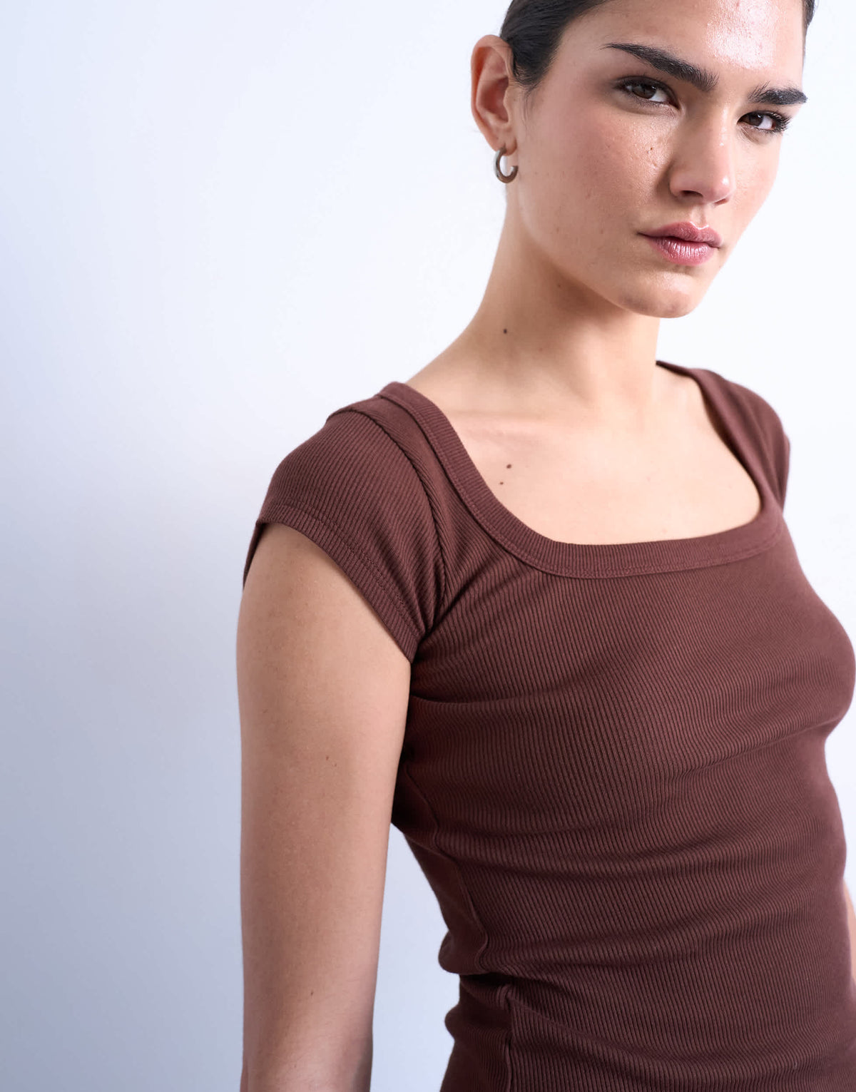 Topshop square neck rib cap sleeve tee in brown