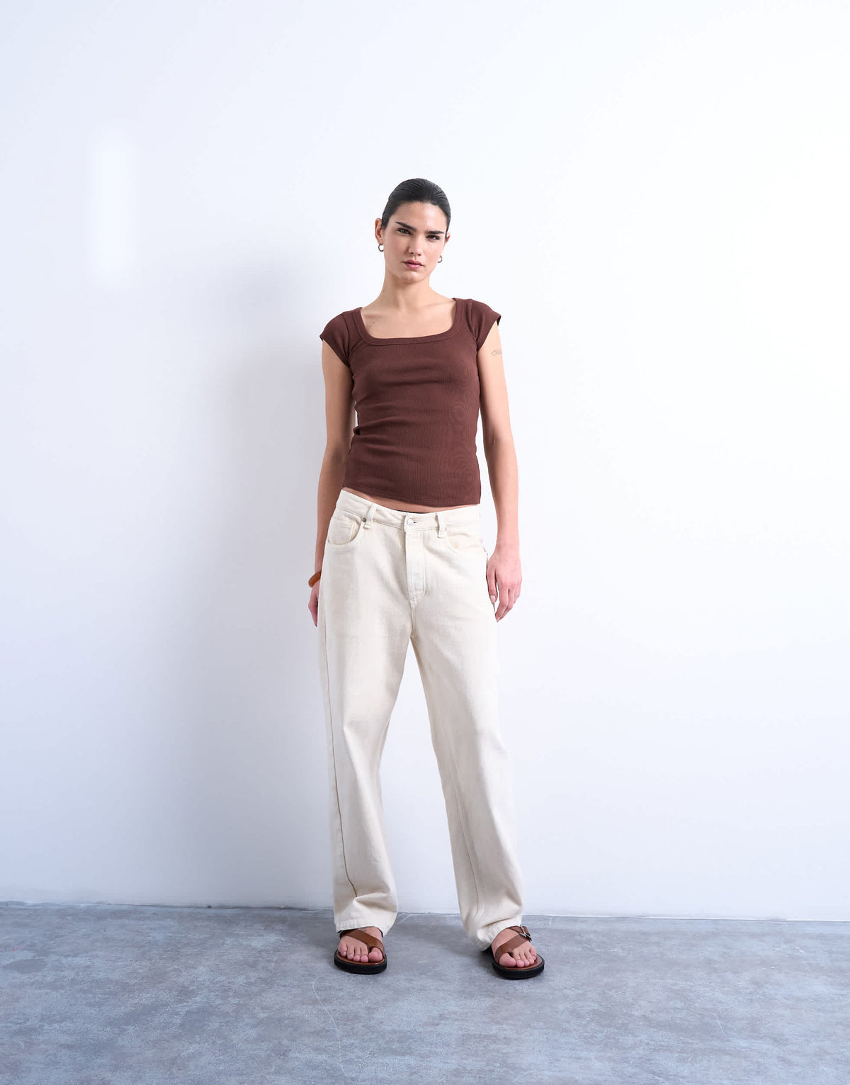 Topshop square neck rib cap sleeve tee in brown