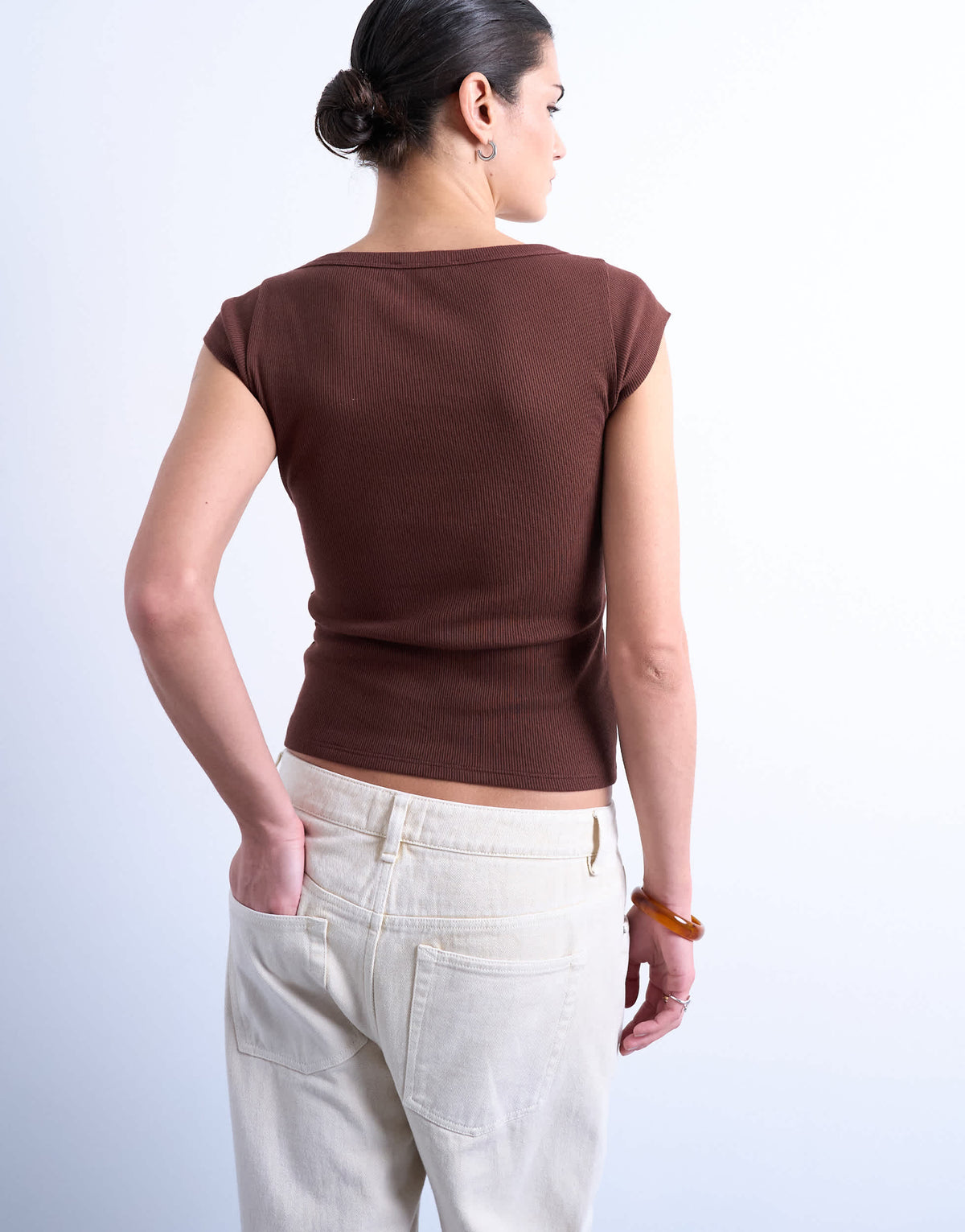 Topshop square neck rib cap sleeve tee in brown