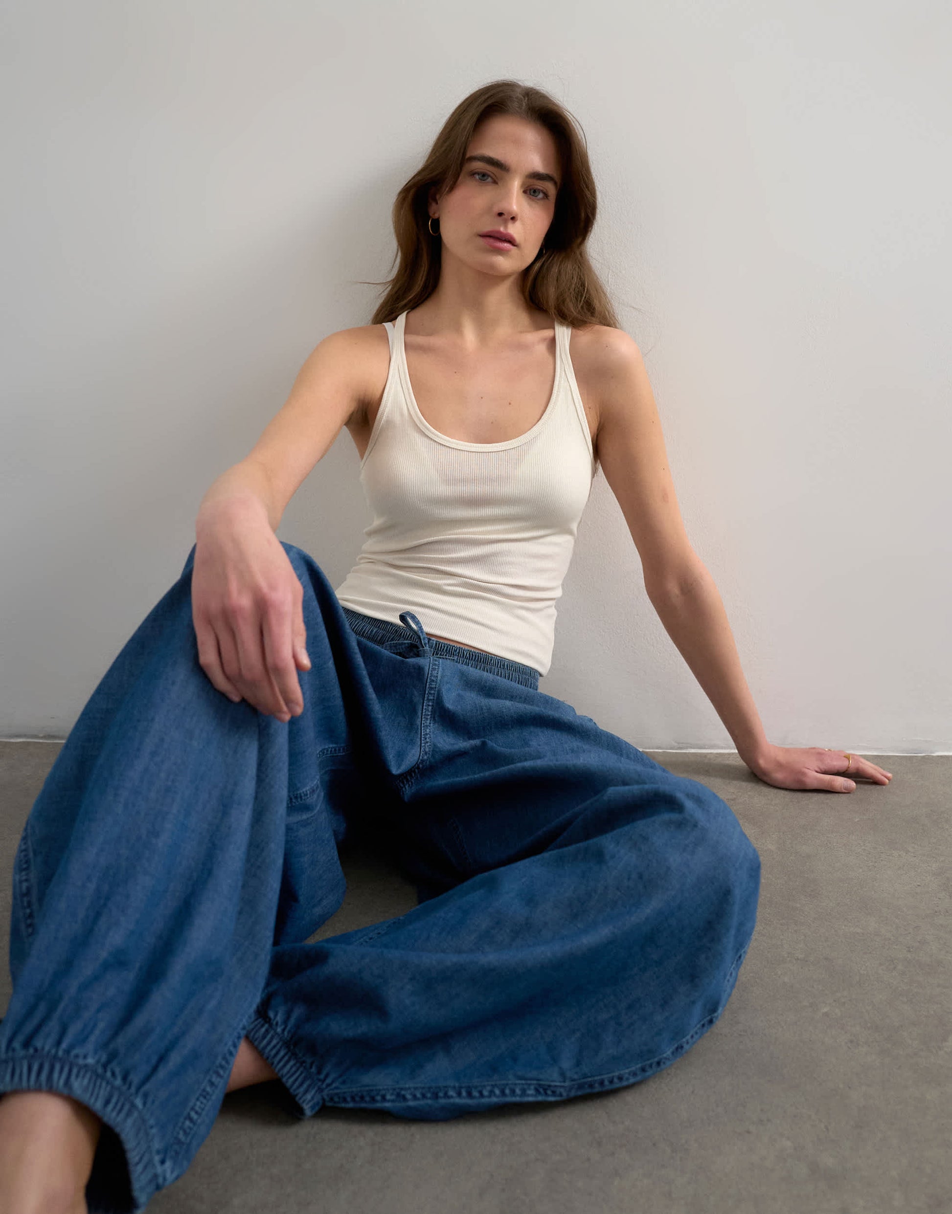 Topshop premium semi sheer spaghetti strap scoop racer vest in ecru