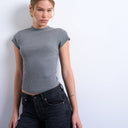 Topshop rib fitted curve hem tee in grey marl