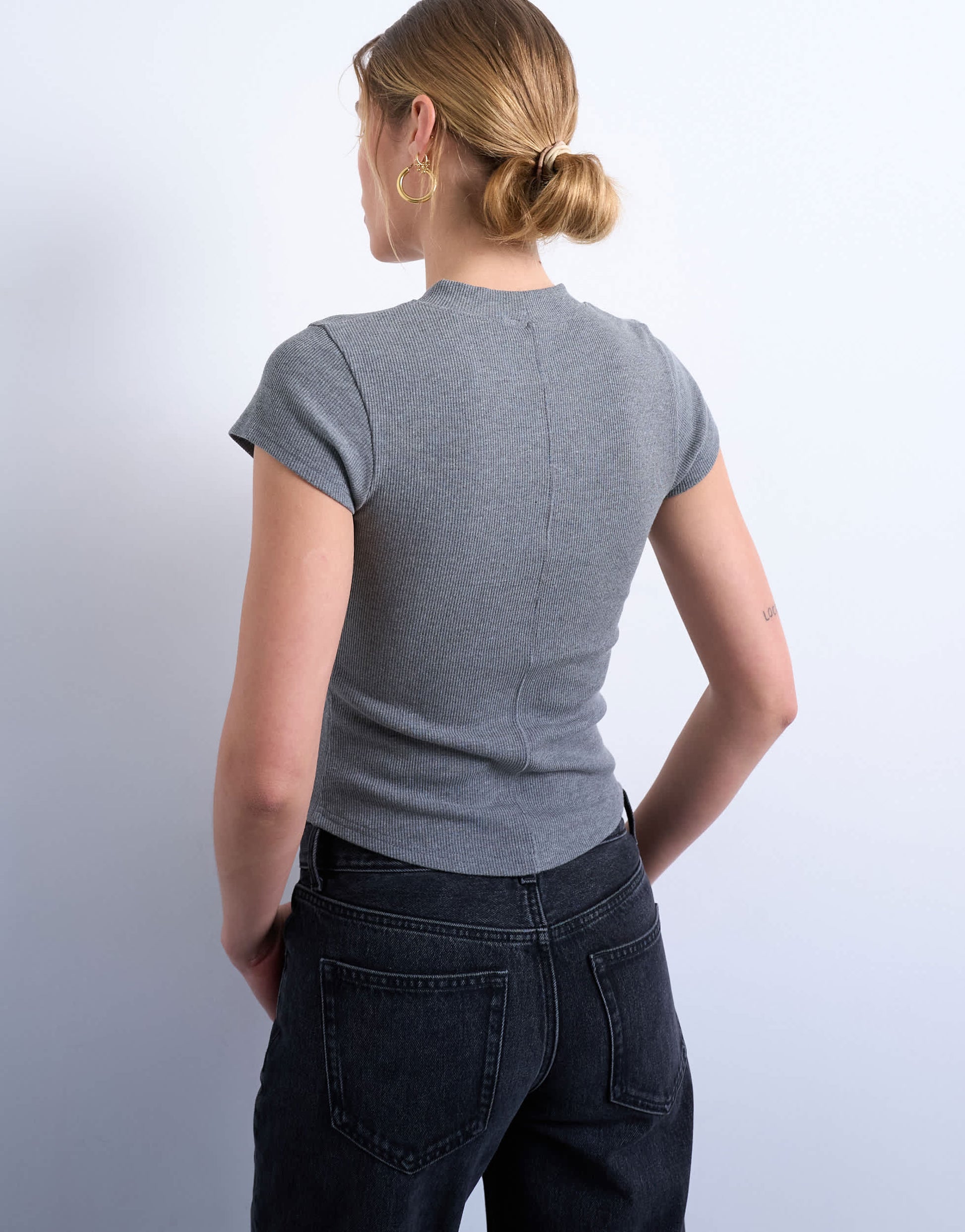 Topshop rib fitted curve hem tee in grey marl
