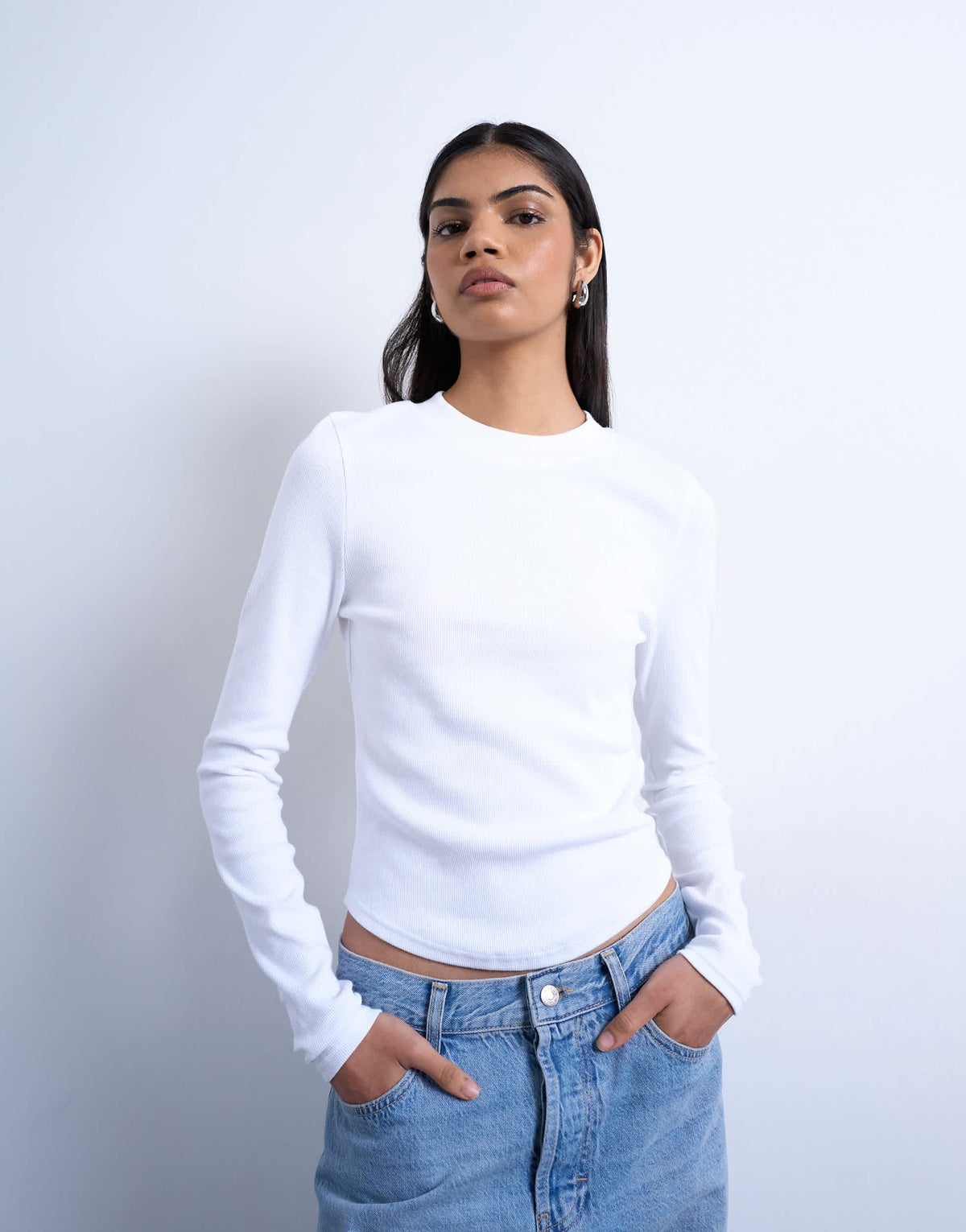 Topshop rib long sleeve curved hem top in white