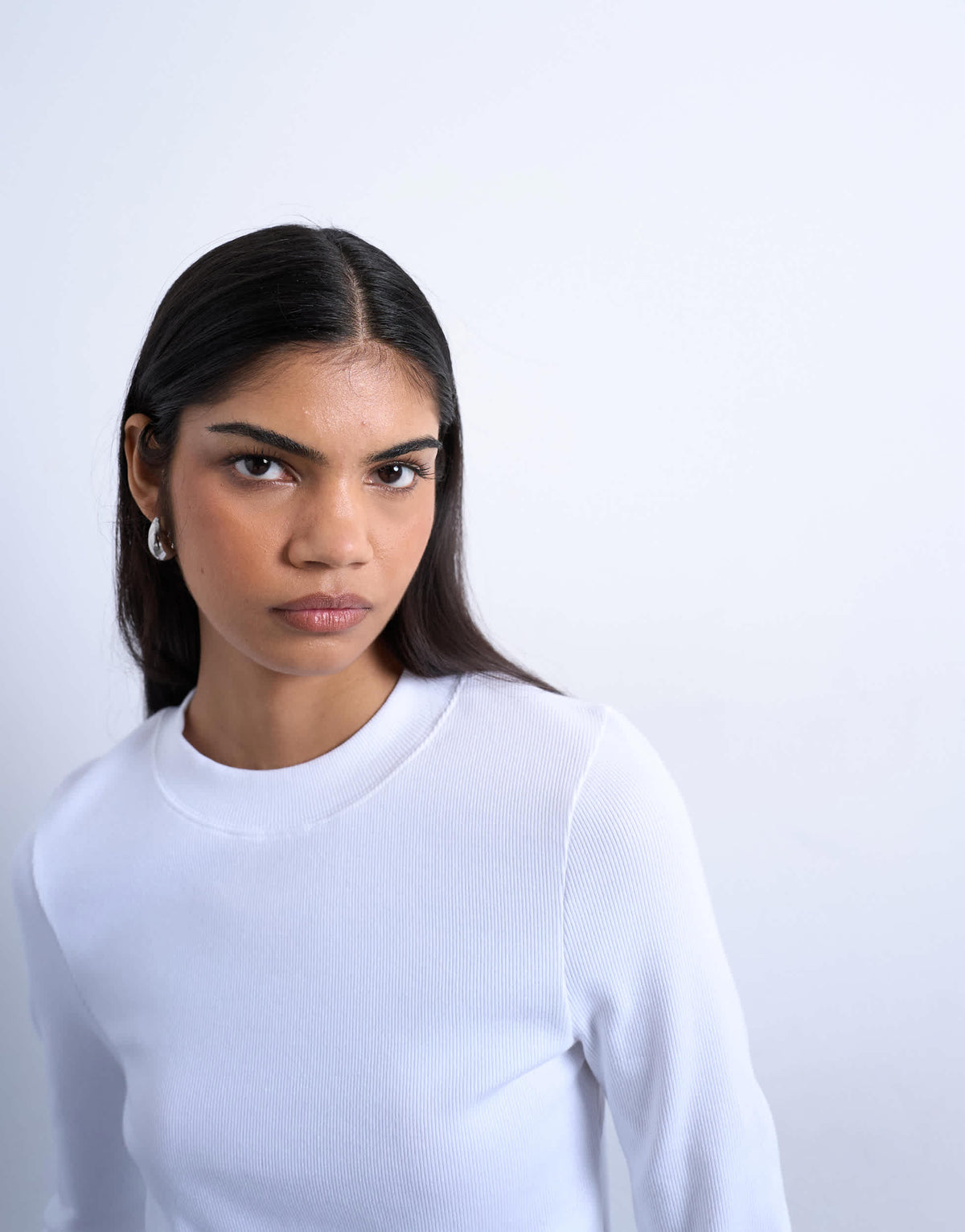 Topshop rib long sleeve curved hem top in white