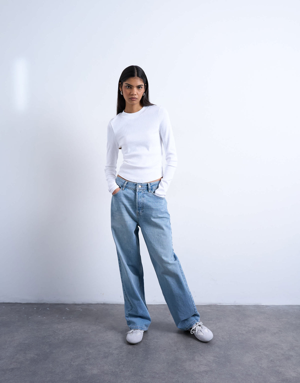 Topshop rib long sleeve curved hem top in white