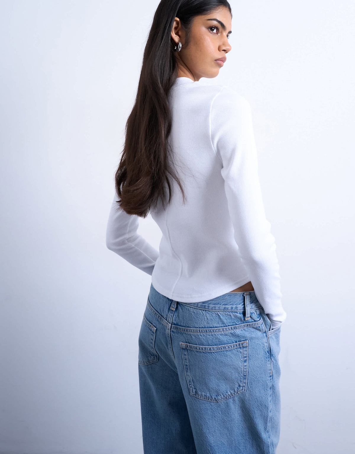 Topshop rib long sleeve curved hem top in white