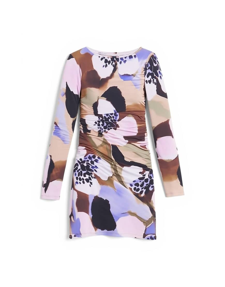 Topshop floral print long sleeve ruched side slinky mini dress in multi