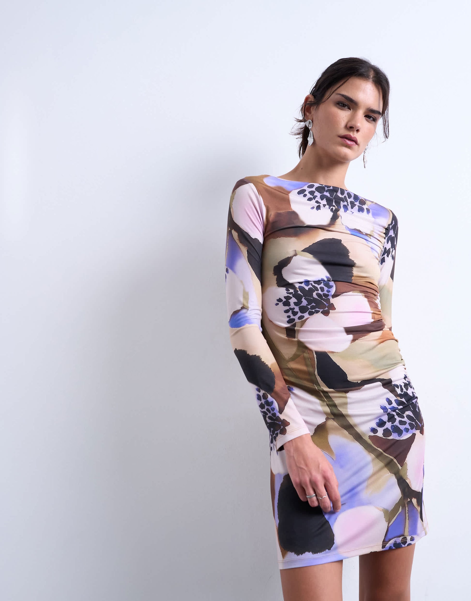 Topshop floral print long sleeve ruched side slinky mini dress in multi