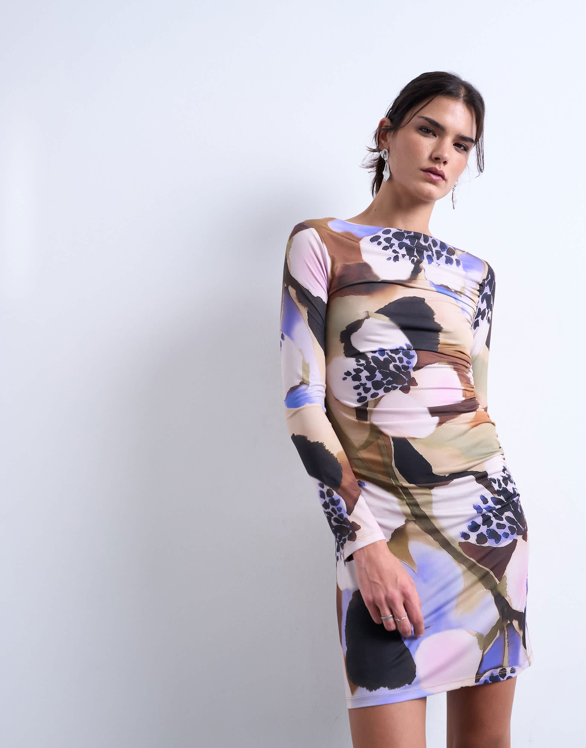 Topshop floral print long sleeve ruched side slinky mini dress in multi