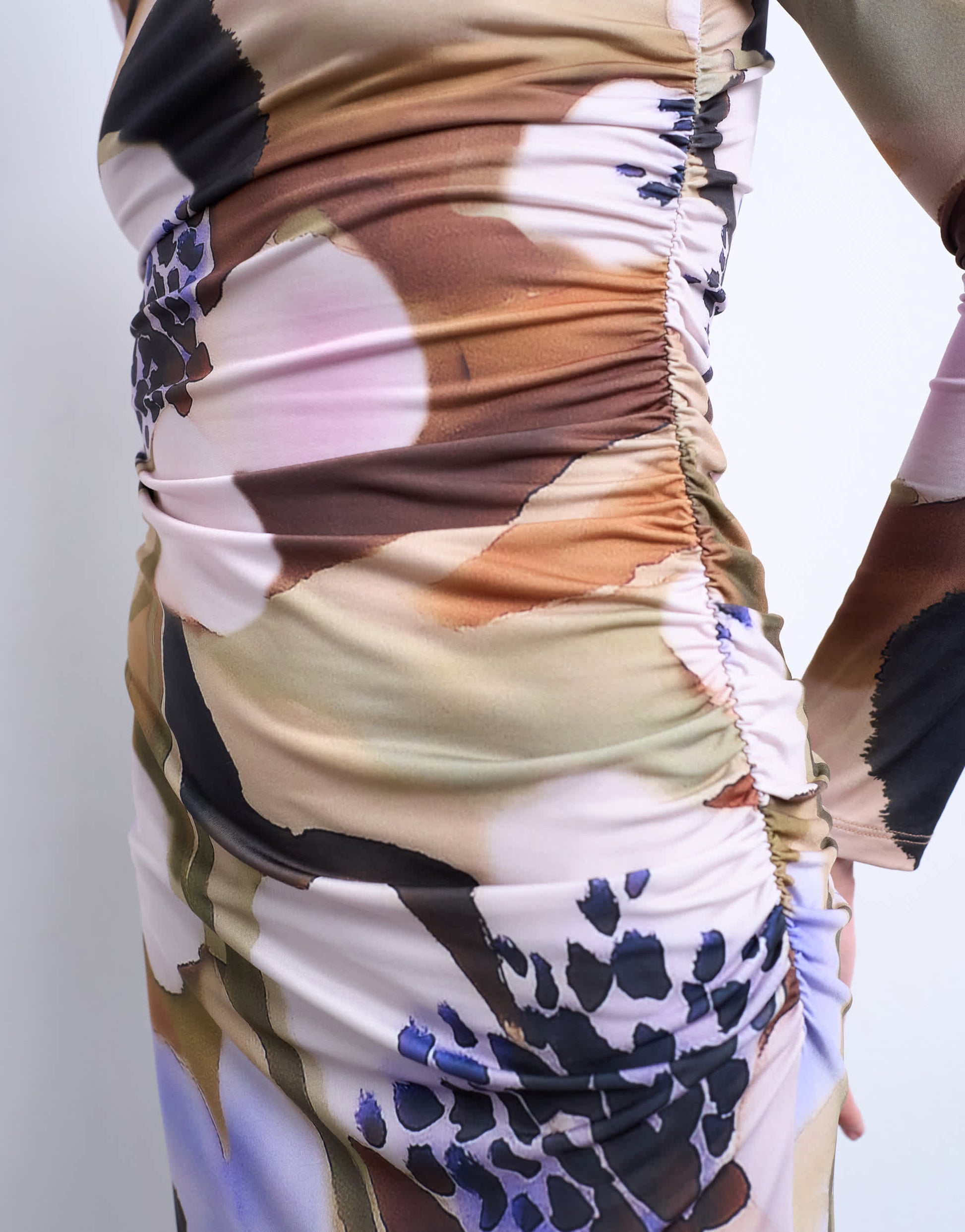 Topshop floral print long sleeve ruched side slinky mini dress in multi