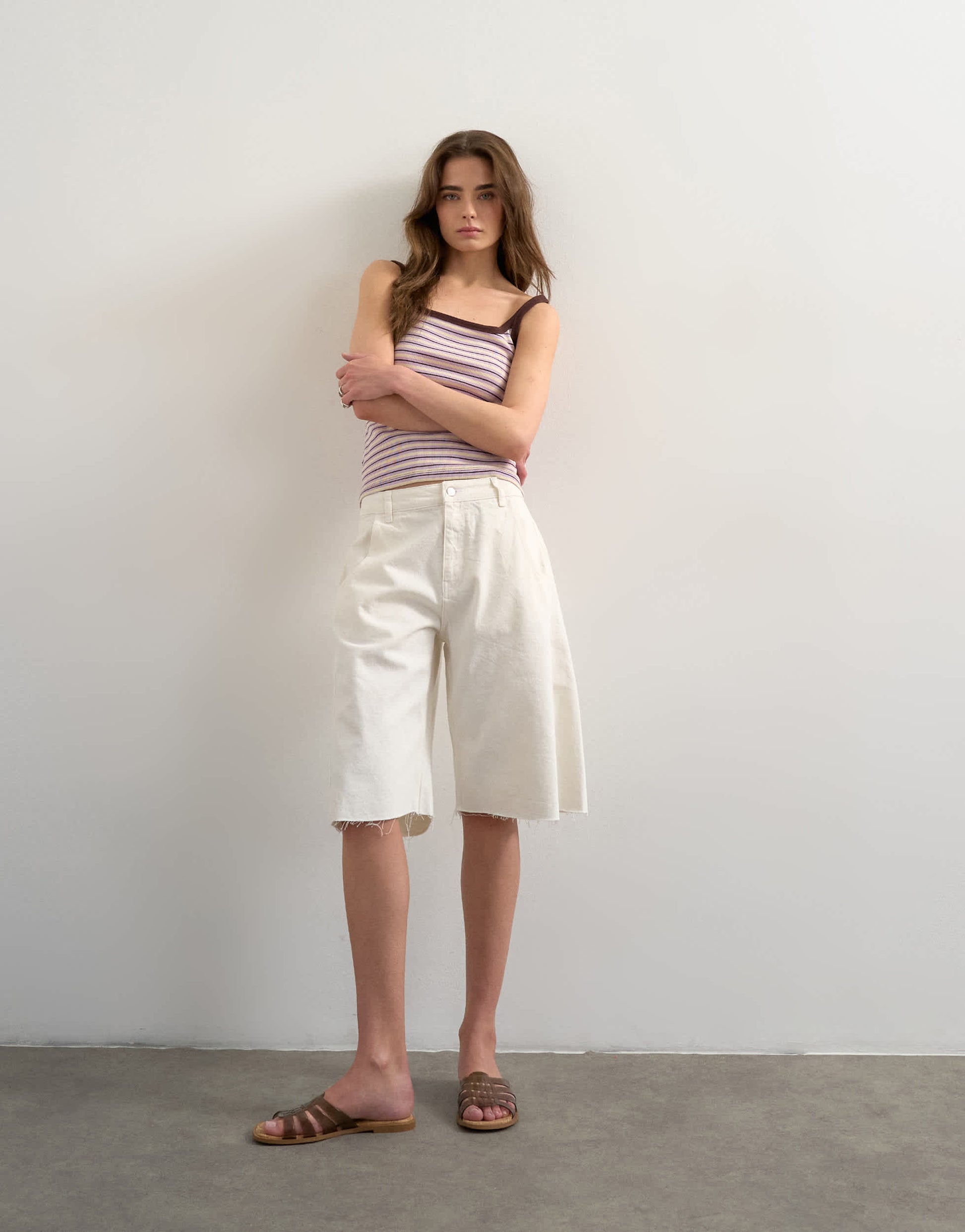 Topshop stripe skinny strap scoop rib vest in lilac