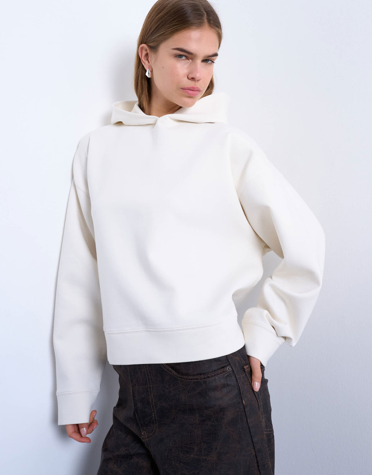 Topshop premium scuba-style fabric oversized jean grazer hoodie in ecru